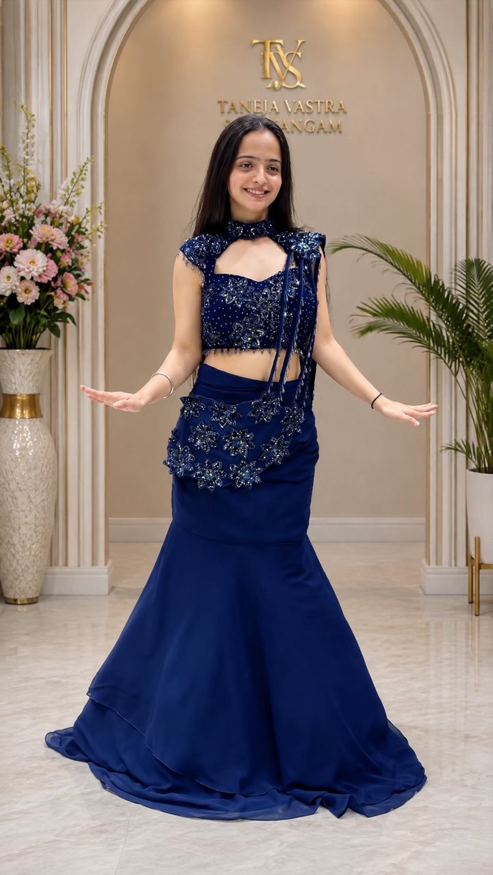 Navy Blue Georgette Mermaid Lehenga with Attached Dupatta