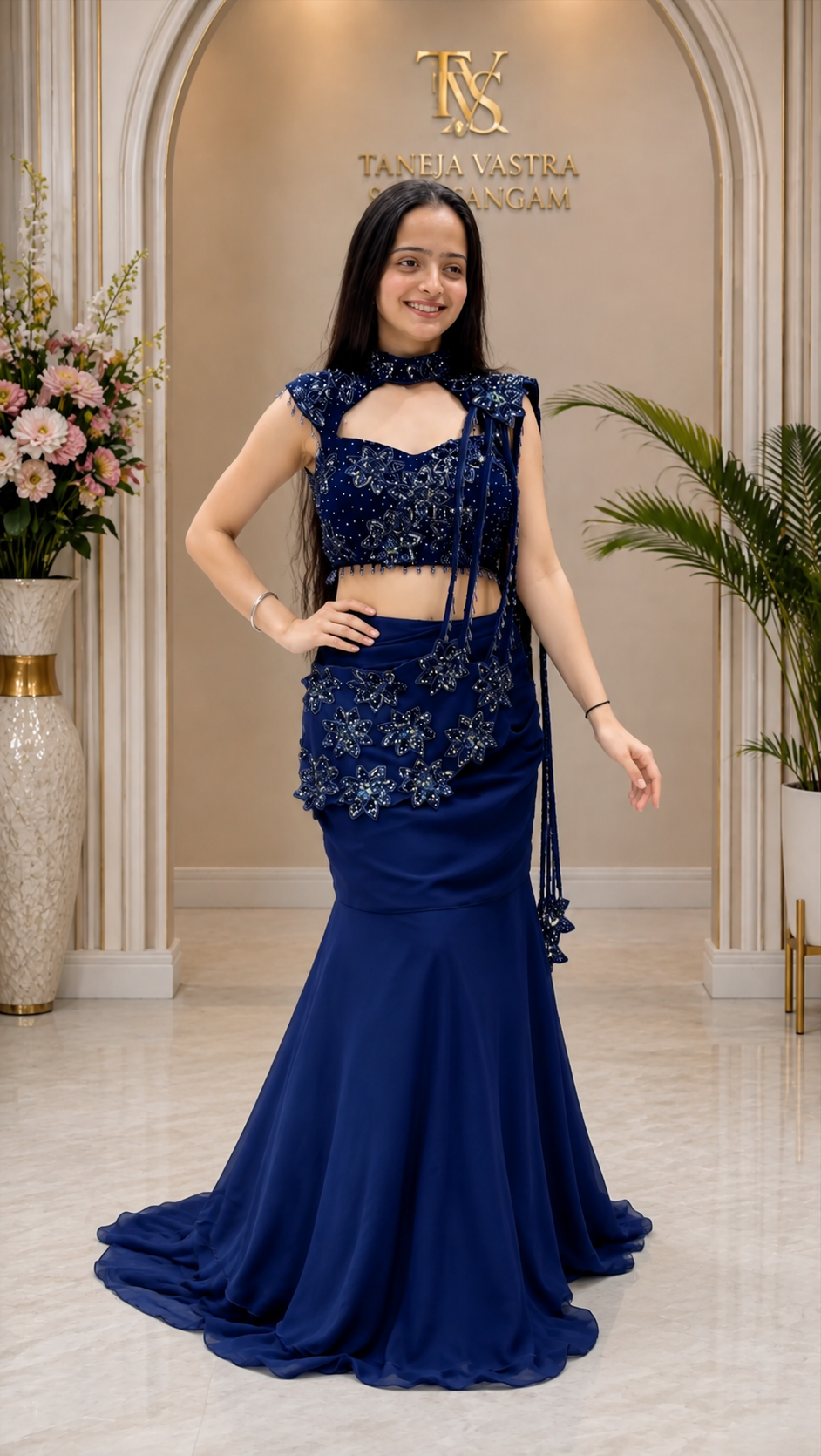 Royal Blue Georgette Fish-Cut Lehenga Choli With Heavy Sequin Embroidery