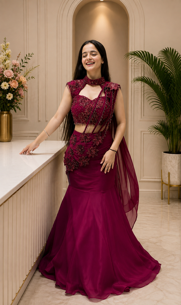 Maroon Georgette Fish-Cut Lehenga Choli With Heavy Sequin Embroidery