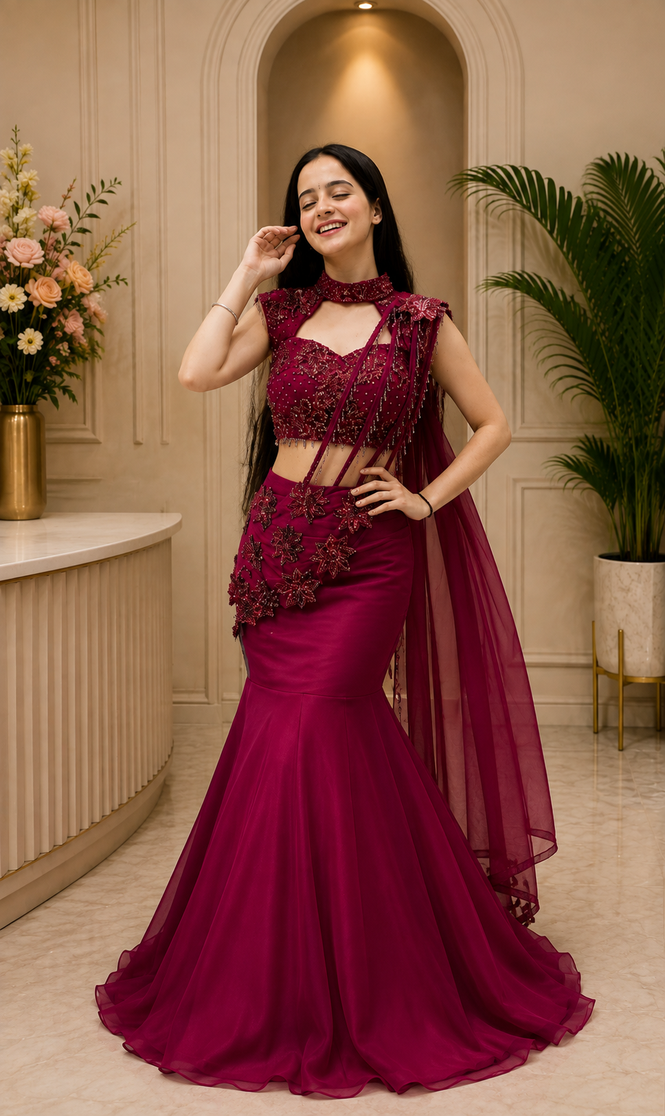 Maroon Georgette Fish-Cut Lehenga Choli With Heavy Sequin Embroidery