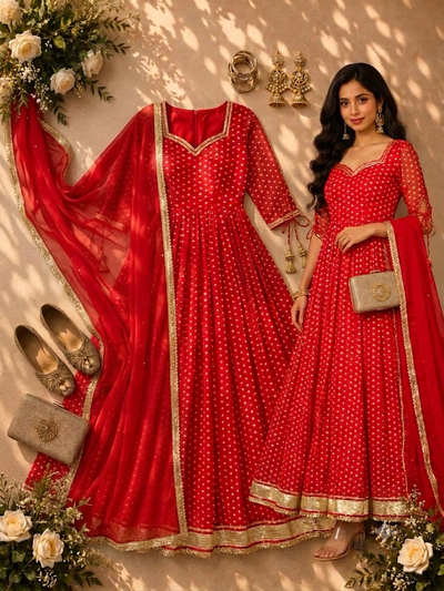 Festive Red Bandhani Print Georgette Anarkali Gown with Dupatta
