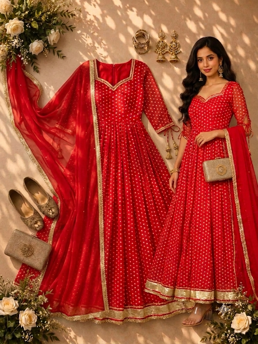 Festive Red Bandhani Print Georgette Anarkali Gown with Dupatta