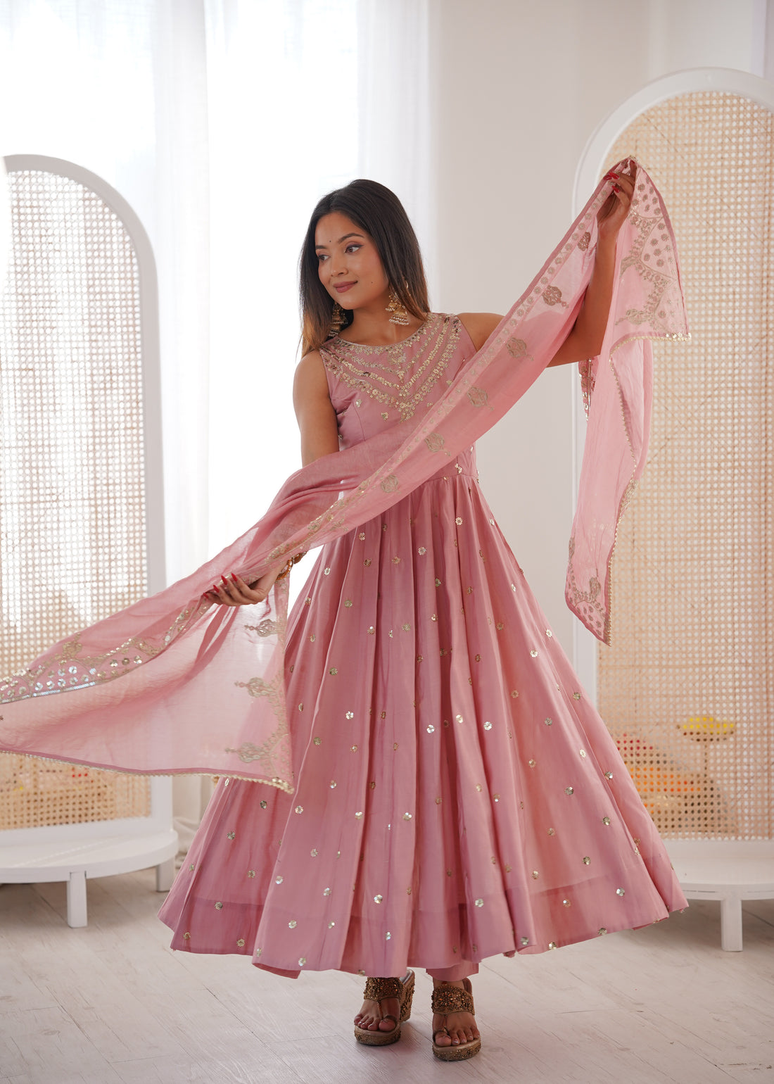 Silk Anarkali Gown Set Featuring Intricate Mirror-Work Embroidery