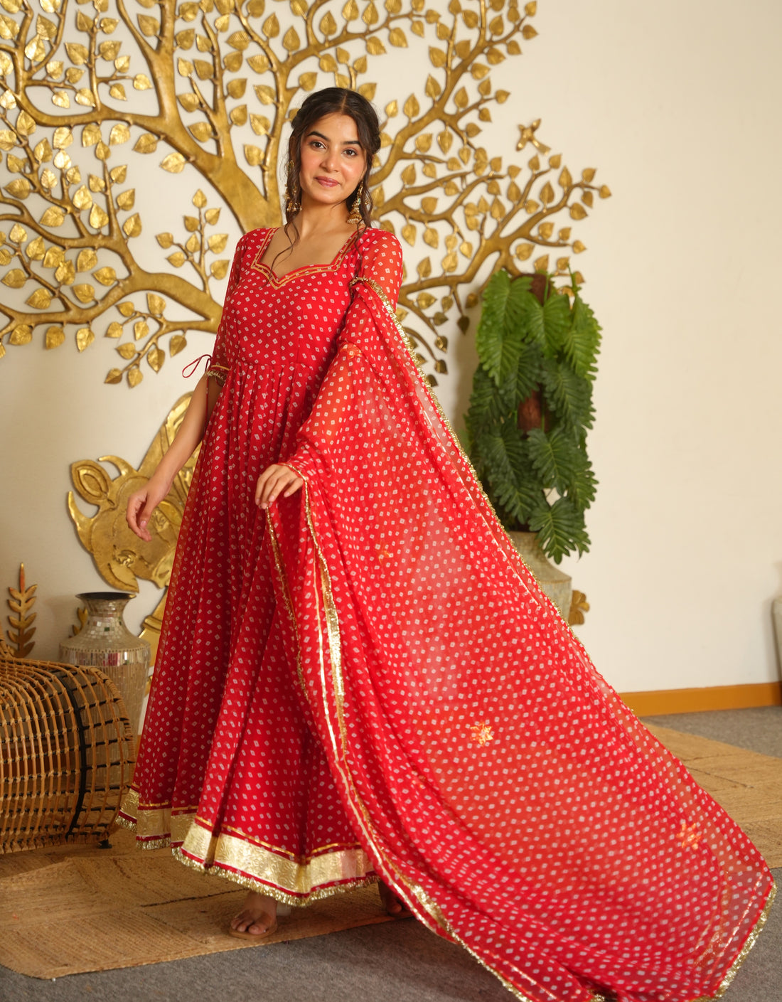 Festive Red Bandhani Print Georgette Anarkali Gown with Dupatta
