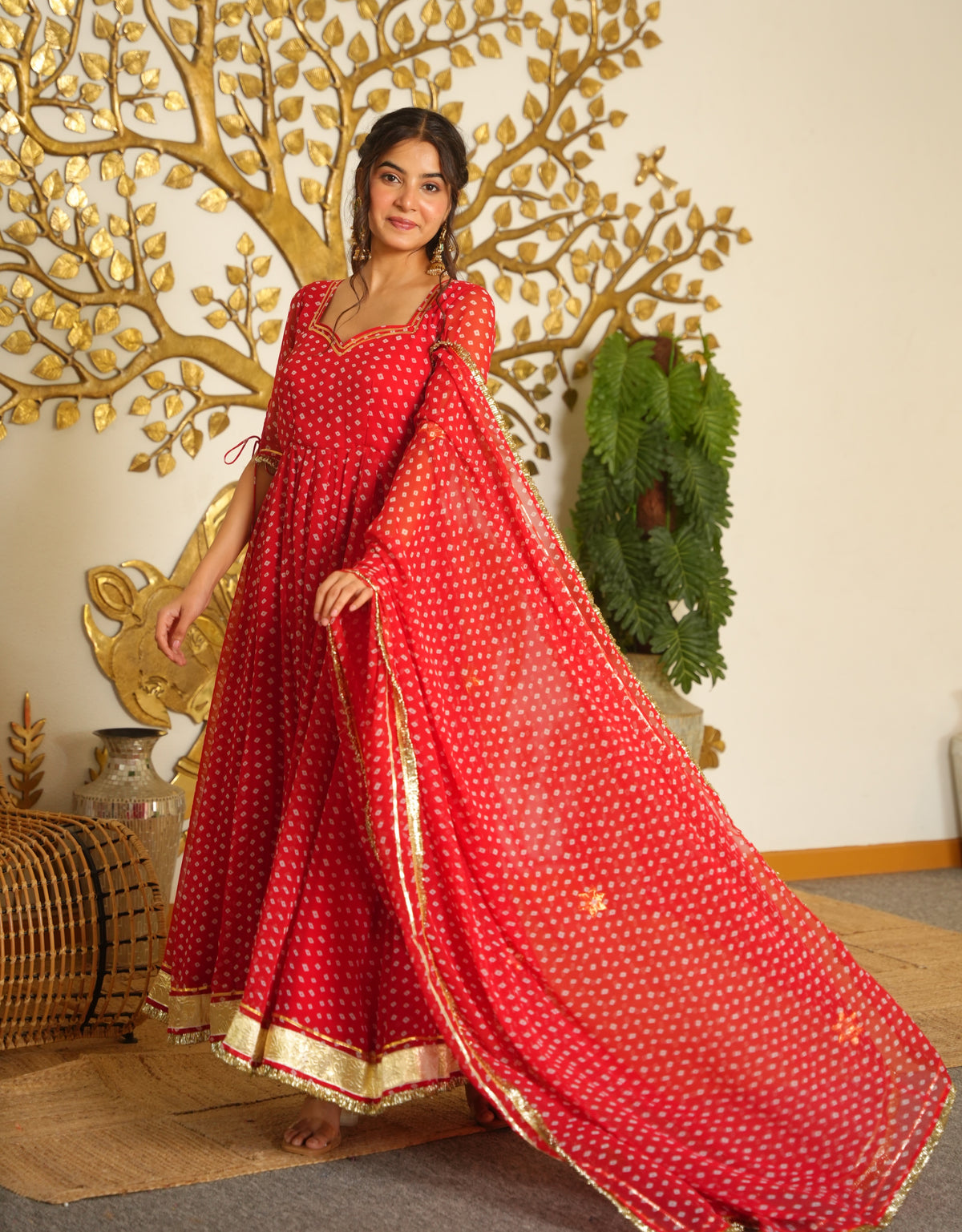 Festive Red Bandhani Print Georgette Anarkali Gown with Dupatta
