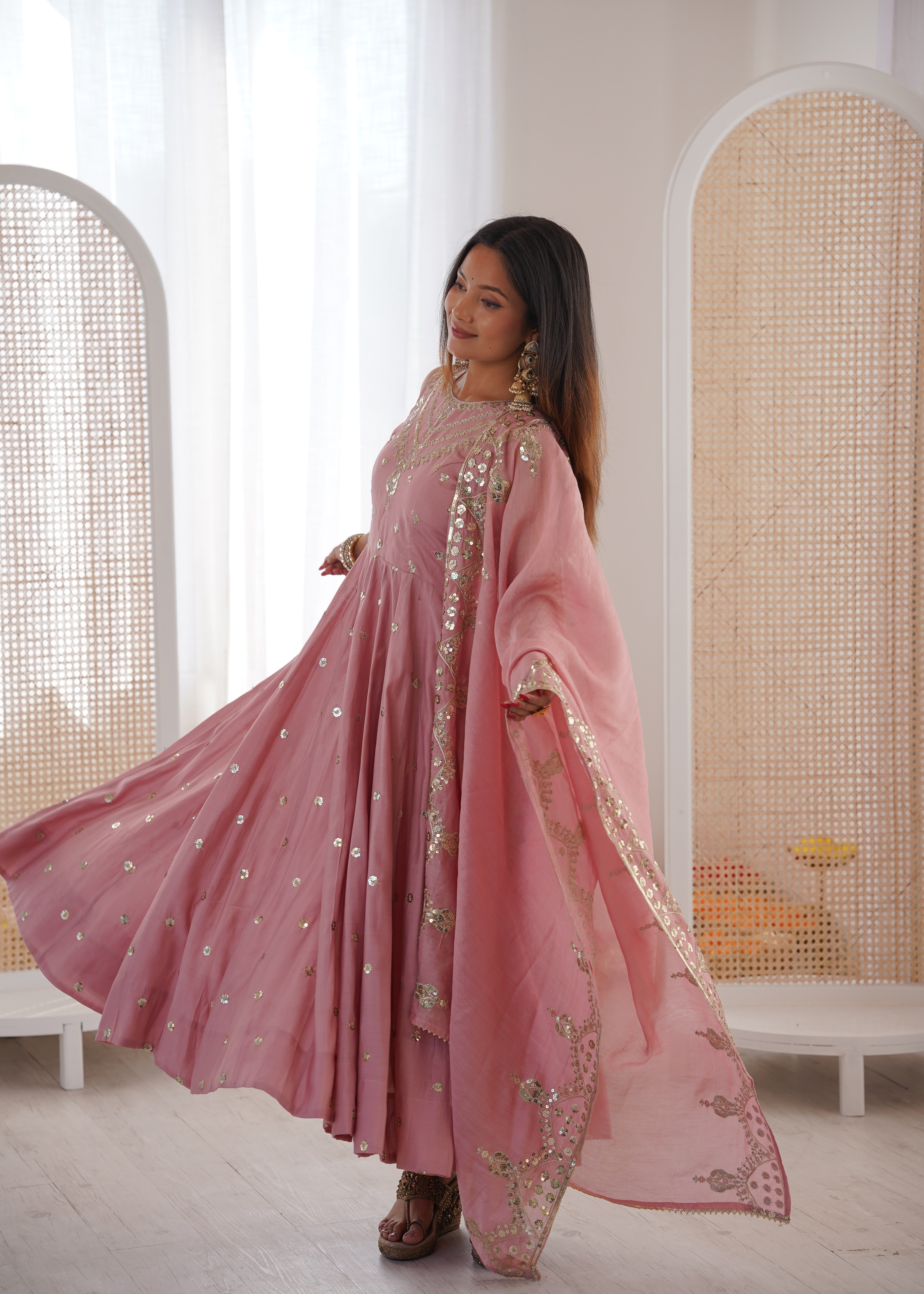 Silk Anarkali Gown Set Featuring Intricate Mirror-Work Embroidery