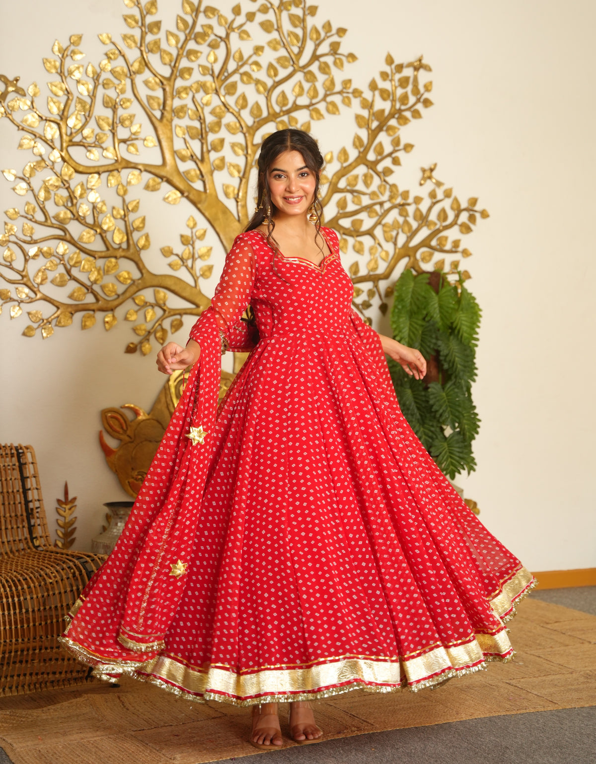 Festive Red Bandhani Print Georgette Anarkali Gown with Dupatta