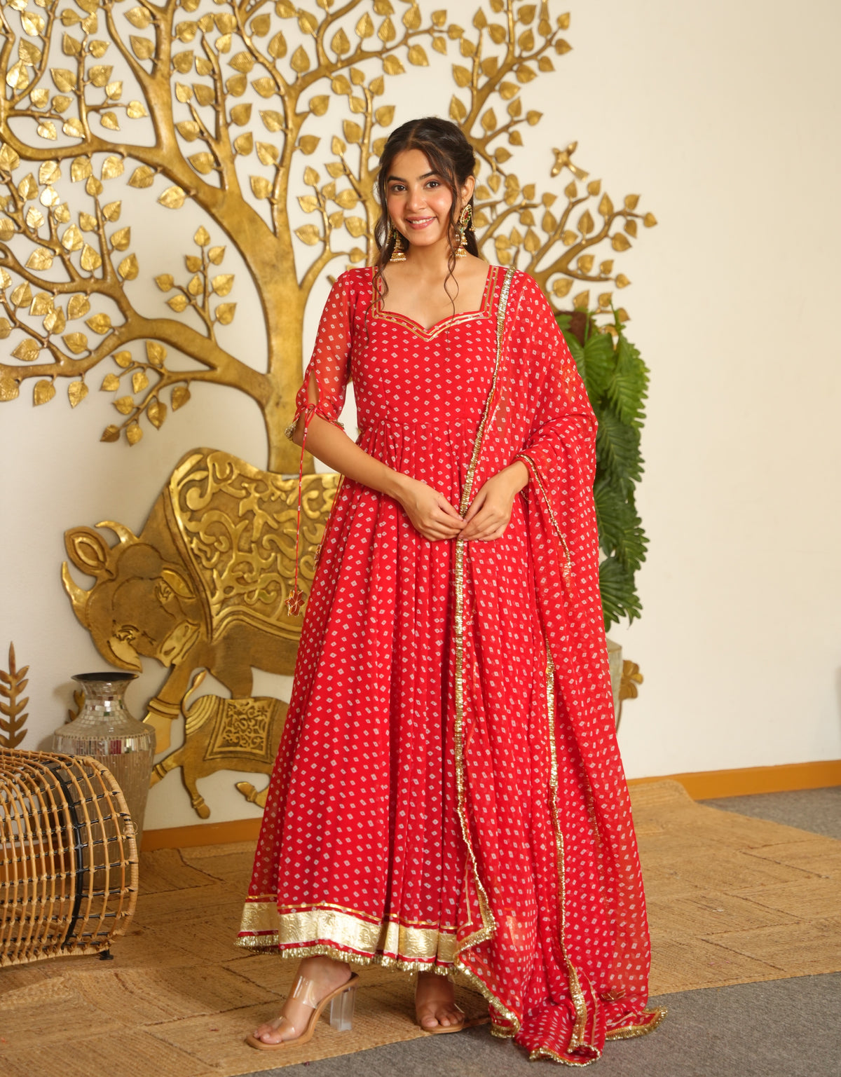 Festive Red Bandhani Print Georgette Anarkali Gown with Dupatta