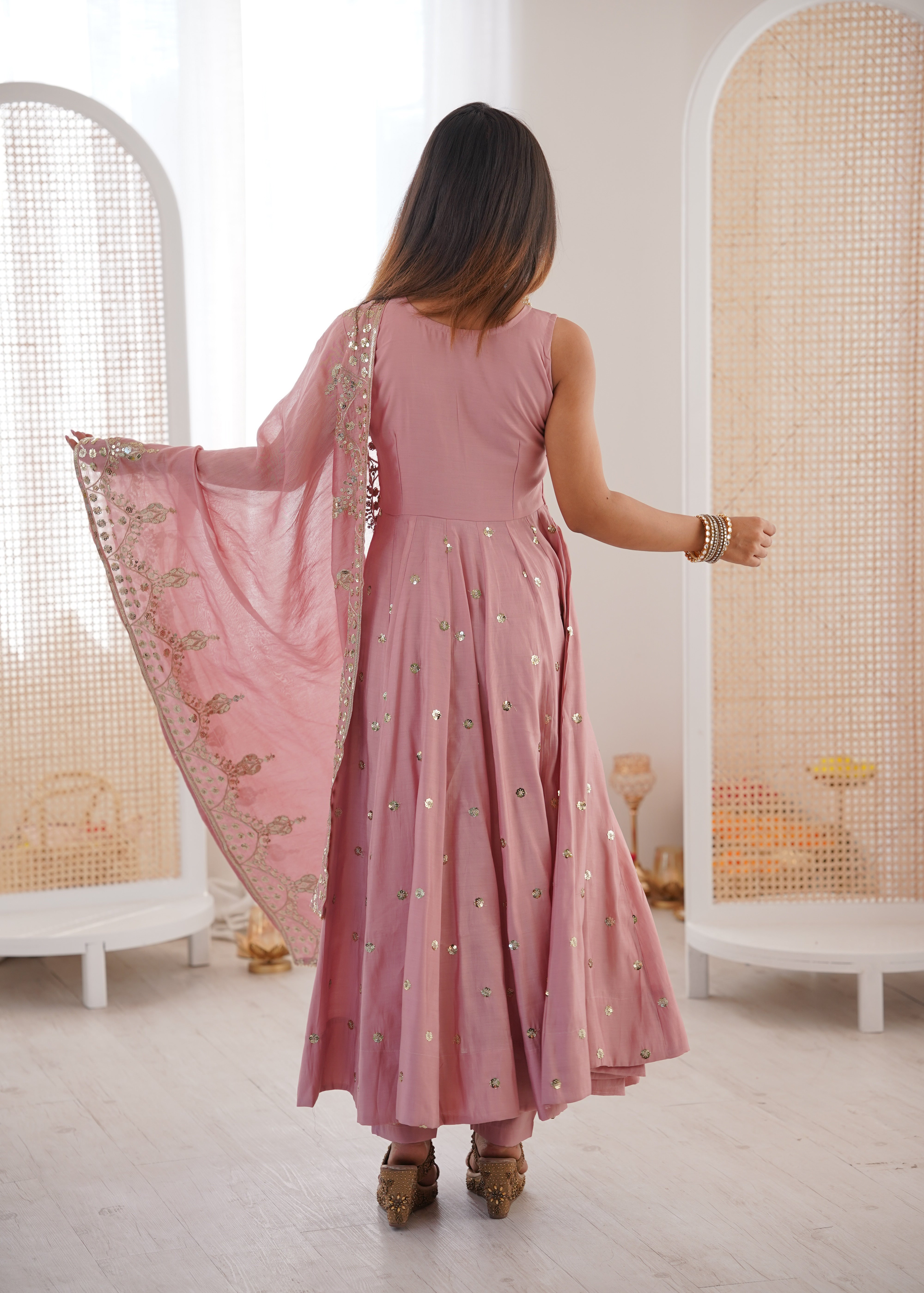 Silk Anarkali Gown Set Featuring Intricate Mirror-Work Embroidery