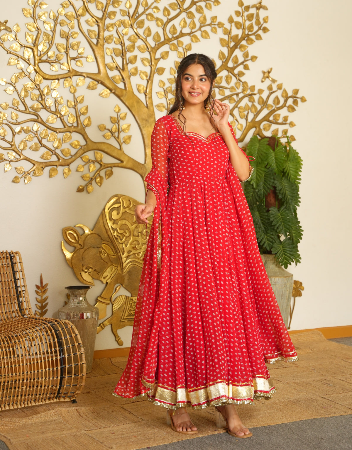 Festive Red Bandhani Print Georgette Anarkali Gown with Dupatta