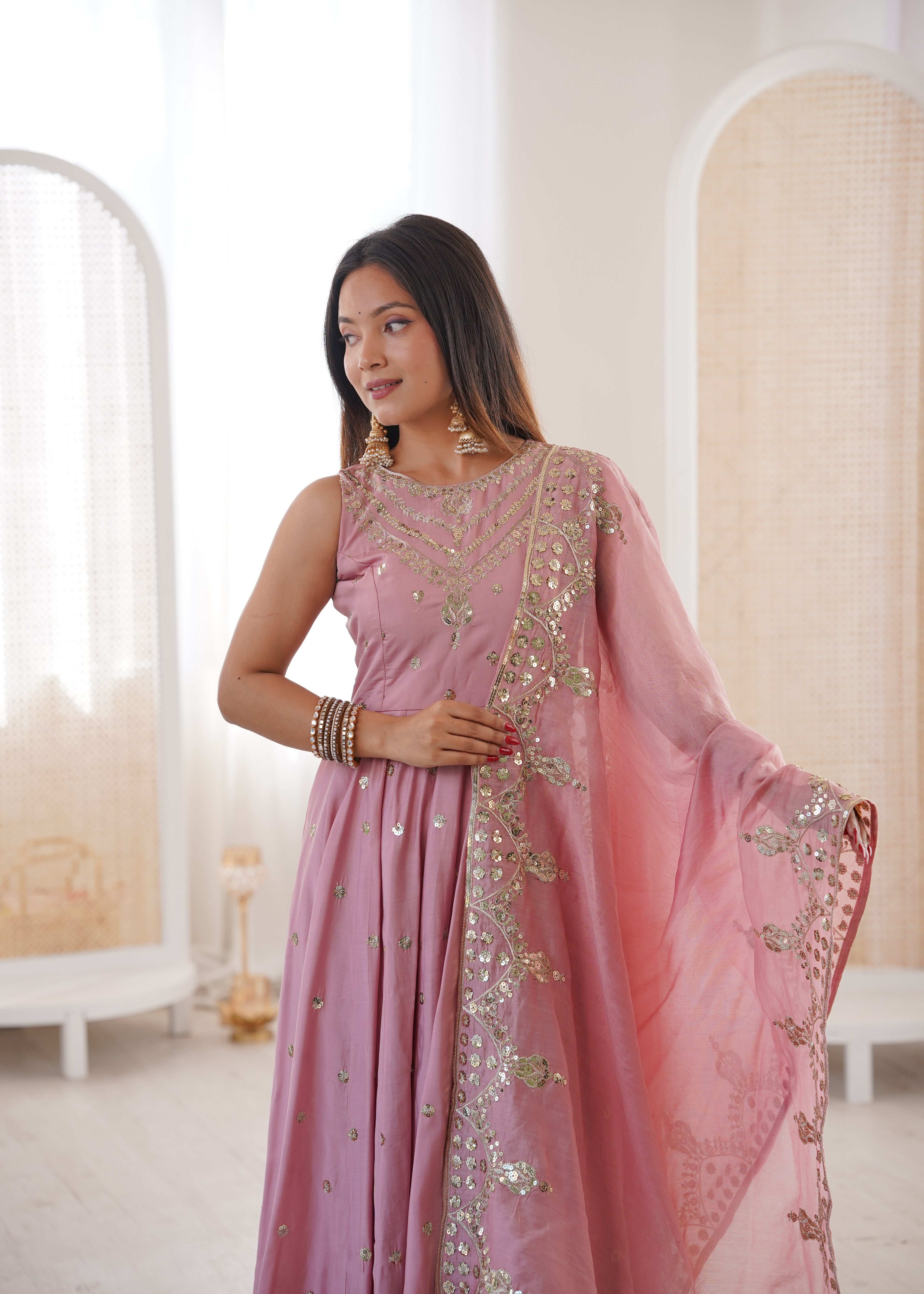 Silk Anarkali Gown Set Featuring Intricate Mirror-Work Embroidery