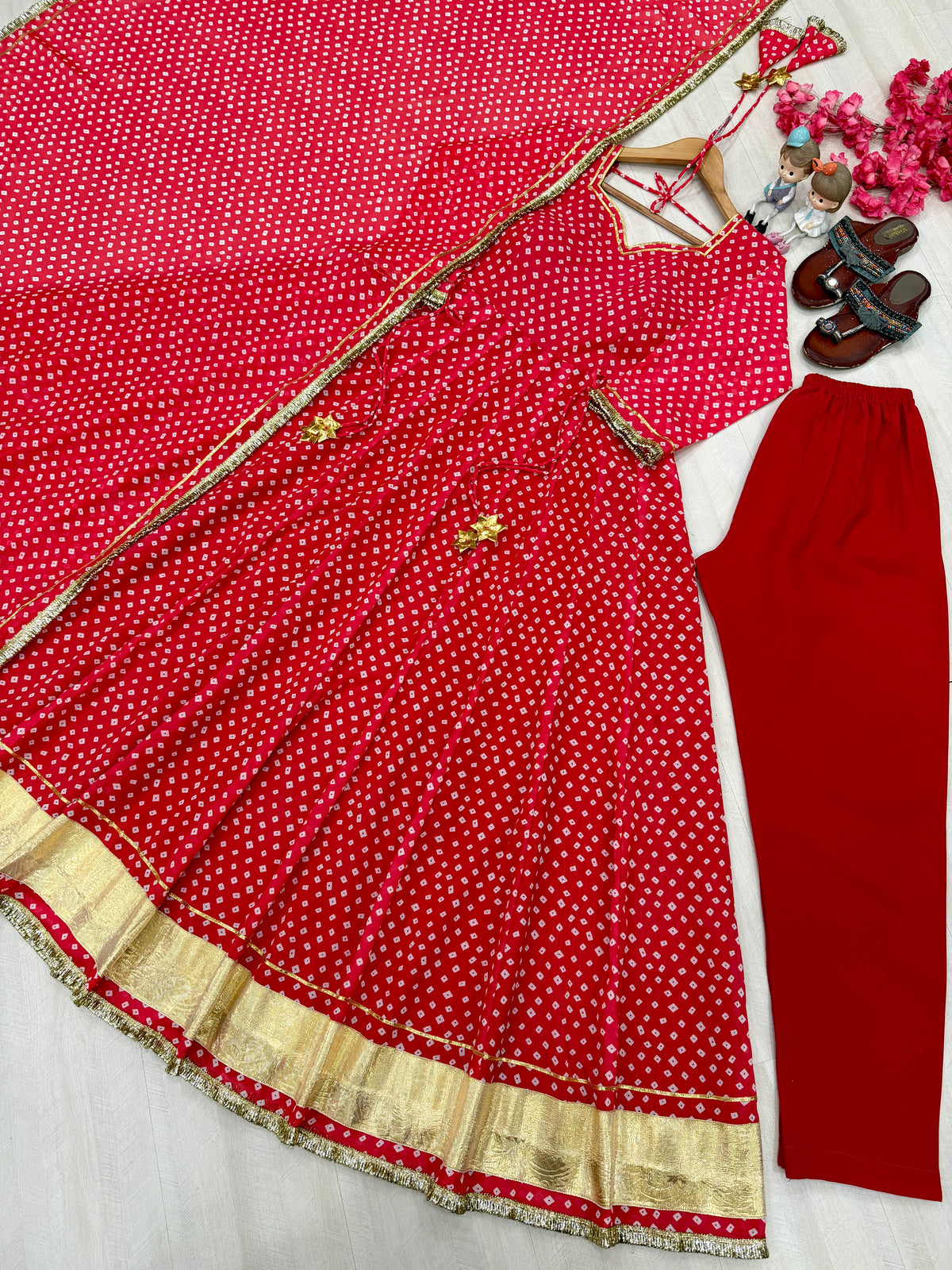 Festive Red Bandhani Print Georgette Anarkali Gown with Dupatta