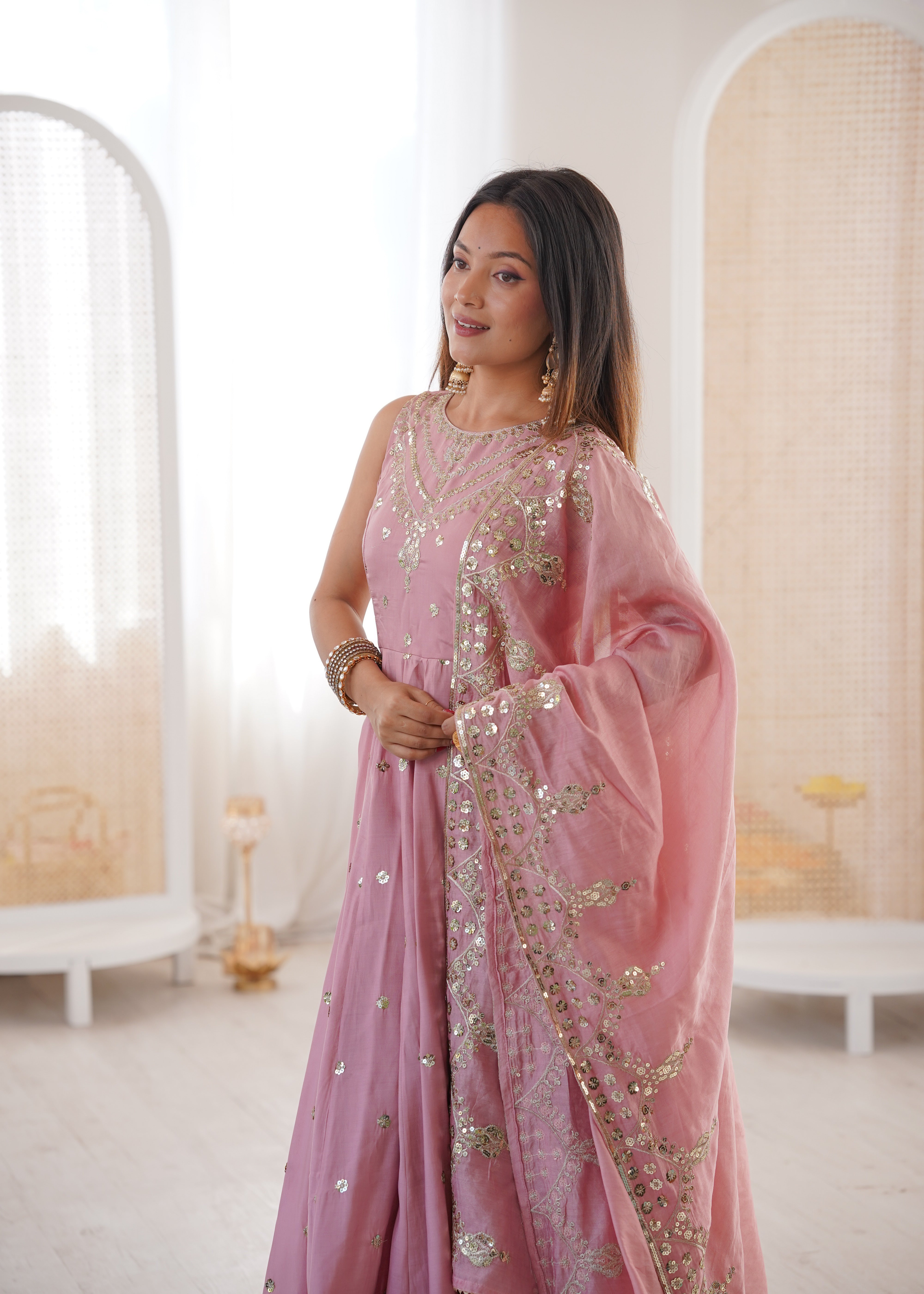Silk Anarkali Gown Set Featuring Intricate Mirror-Work Embroidery