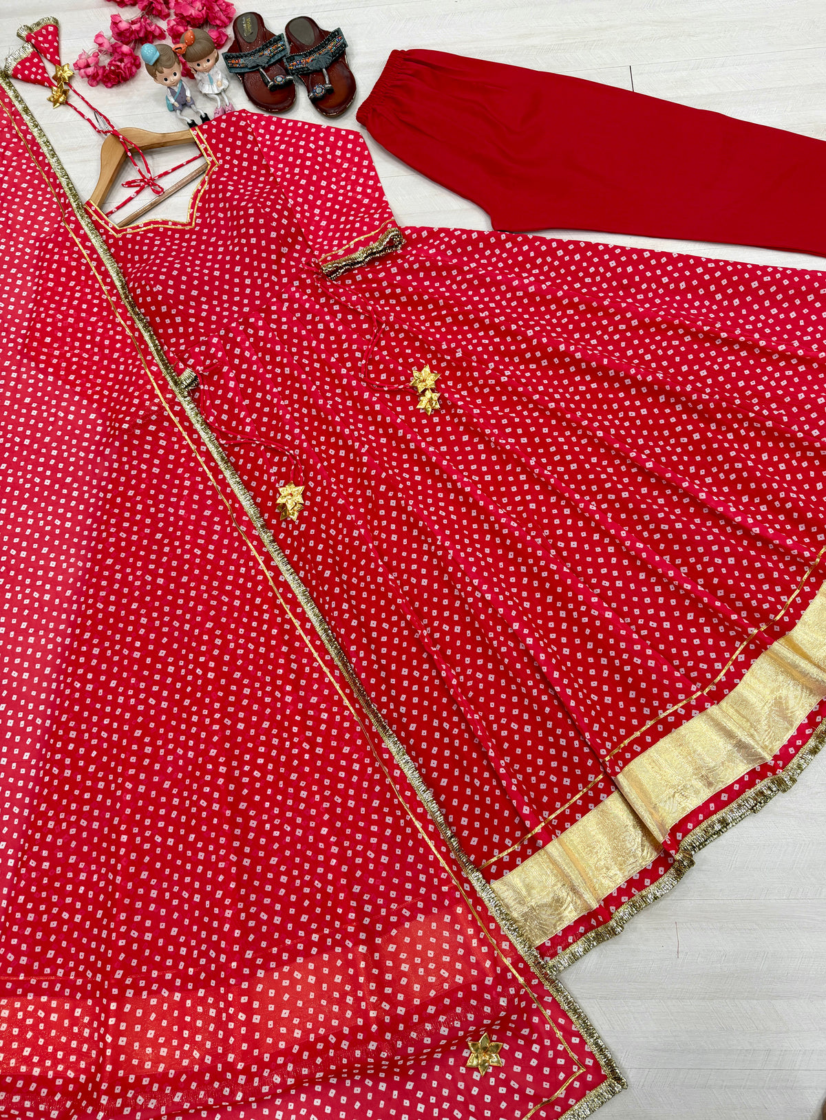 Festive Red Bandhani Print Georgette Anarkali Gown with Dupatta