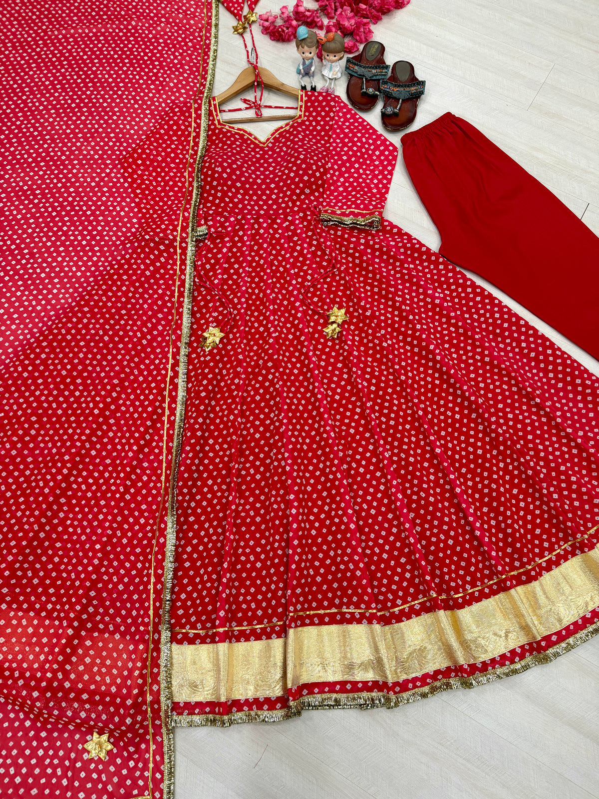 Festive Red Bandhani Print Georgette Anarkali Gown with Dupatta