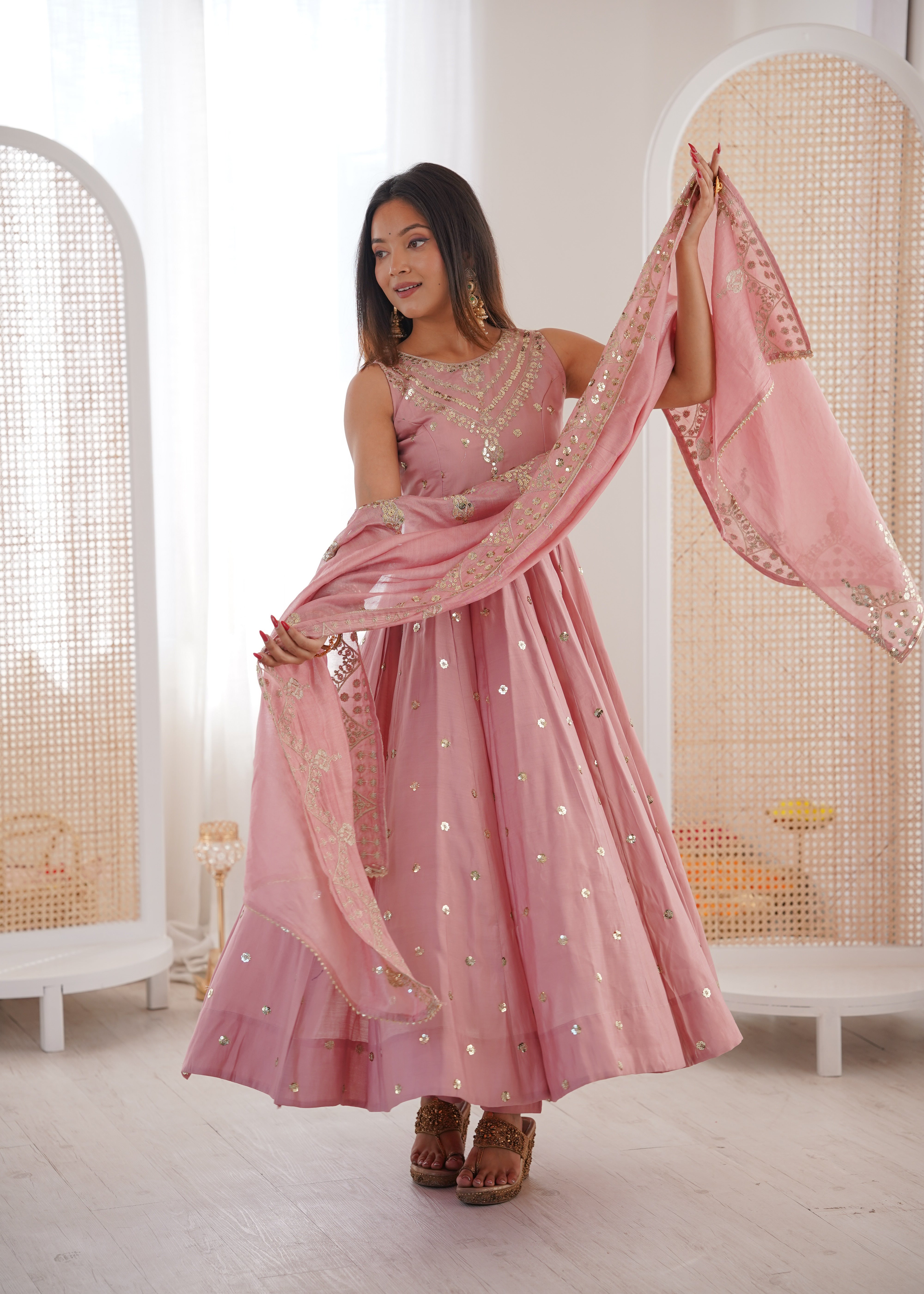 Silk Anarkali Gown Set Featuring Intricate Mirror-Work Embroidery