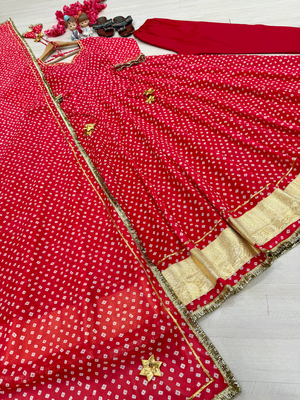 Festive Red Bandhani Print Georgette Anarkali Gown with Dupatta