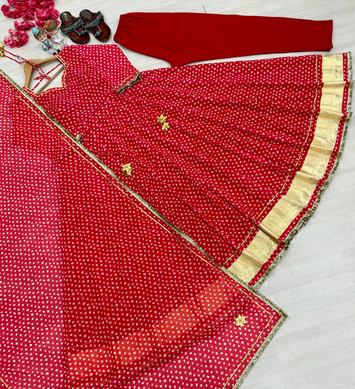 Festive Red Bandhani Print Georgette Anarkali Gown with Dupatta