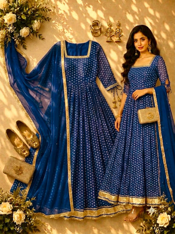 Royal Navy Blue Bandhani Print Georgette Anarkali Gown with Dupatta