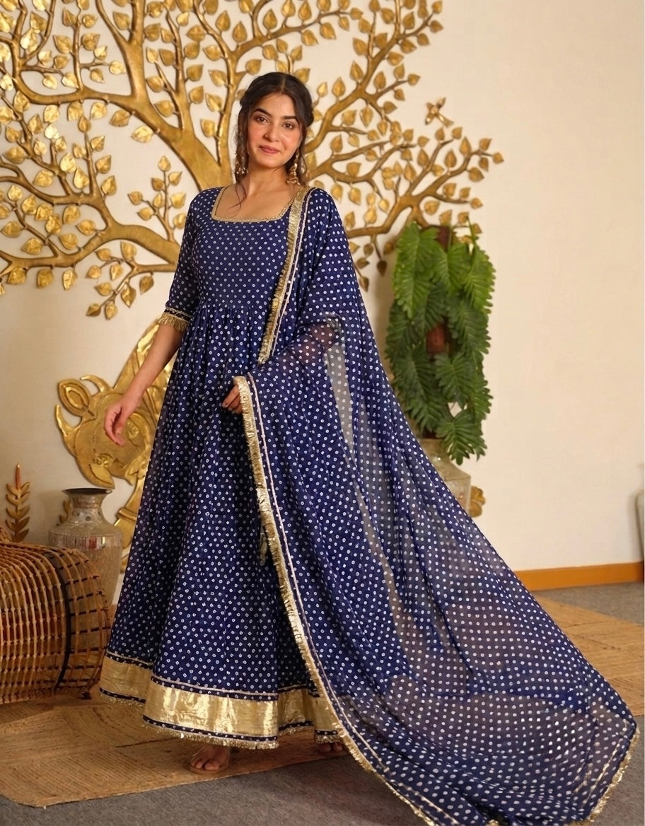 Royal Navy Blue Bandhani Print Georgette Anarkali Gown with Dupatta