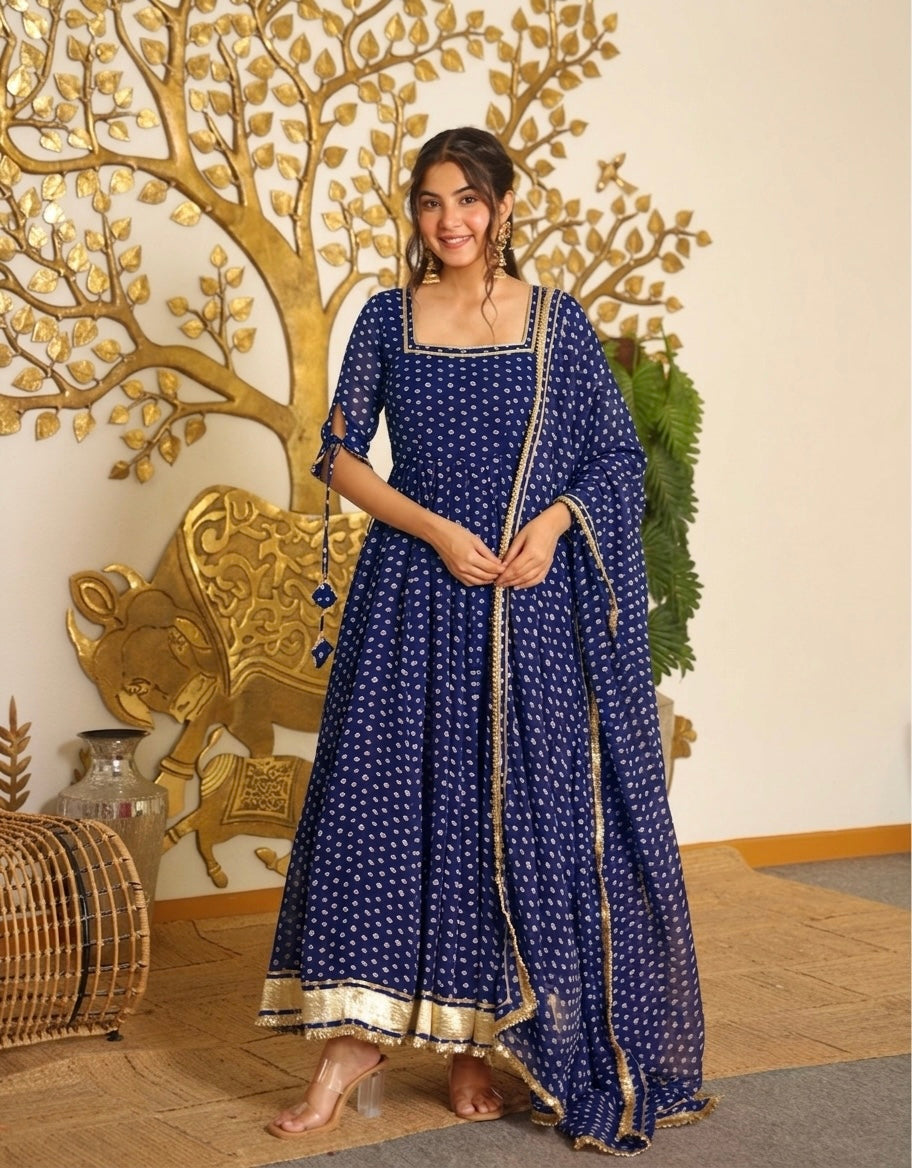 Royal Navy Blue Bandhani Print Georgette Anarkali Gown with Dupatta