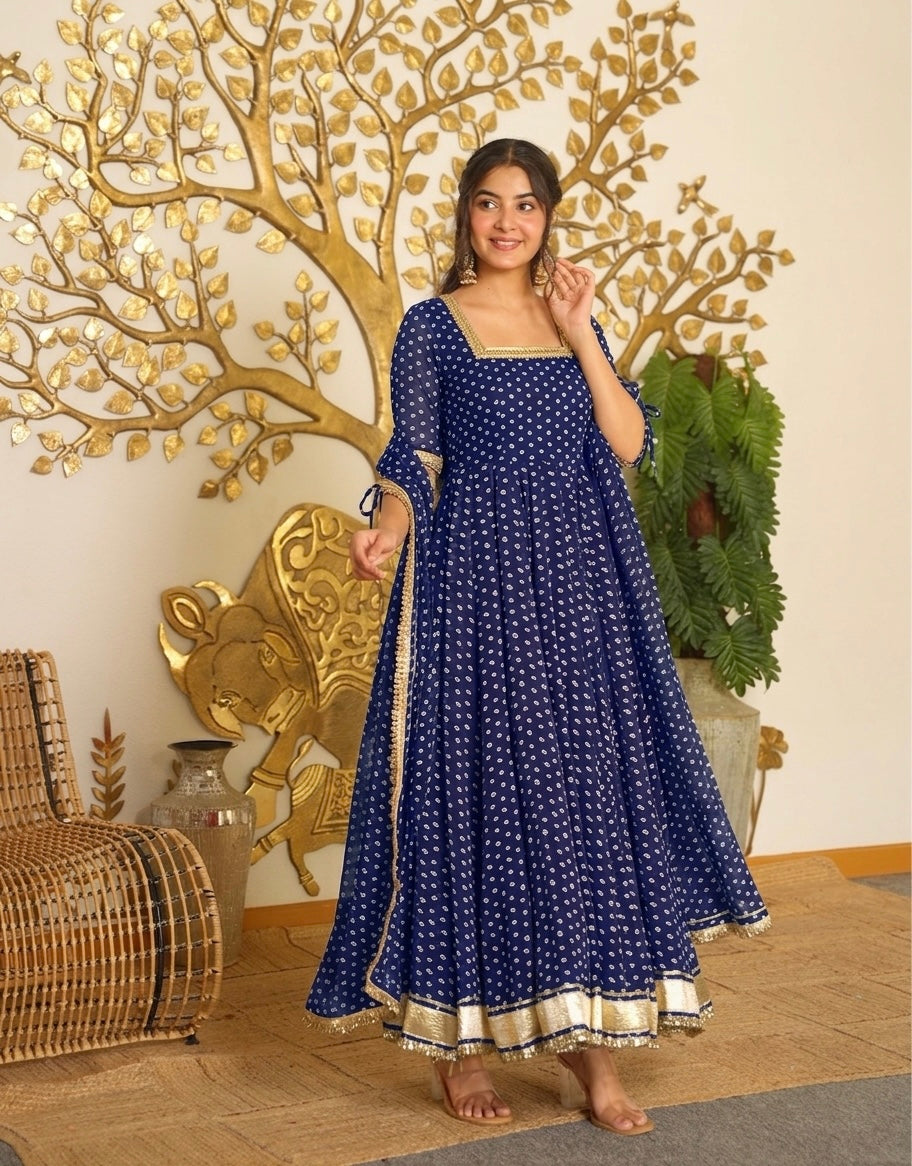 Royal Navy Blue Bandhani Print Georgette Anarkali Gown with Dupatta