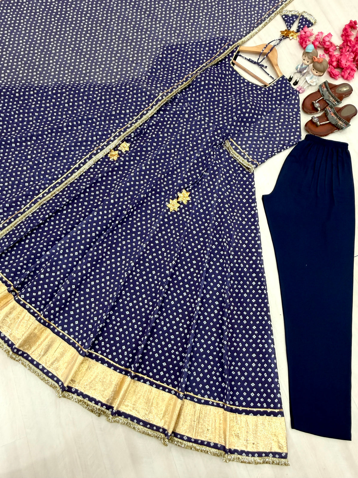 Royal Navy Blue Bandhani Print Georgette Anarkali Gown with Dupatta