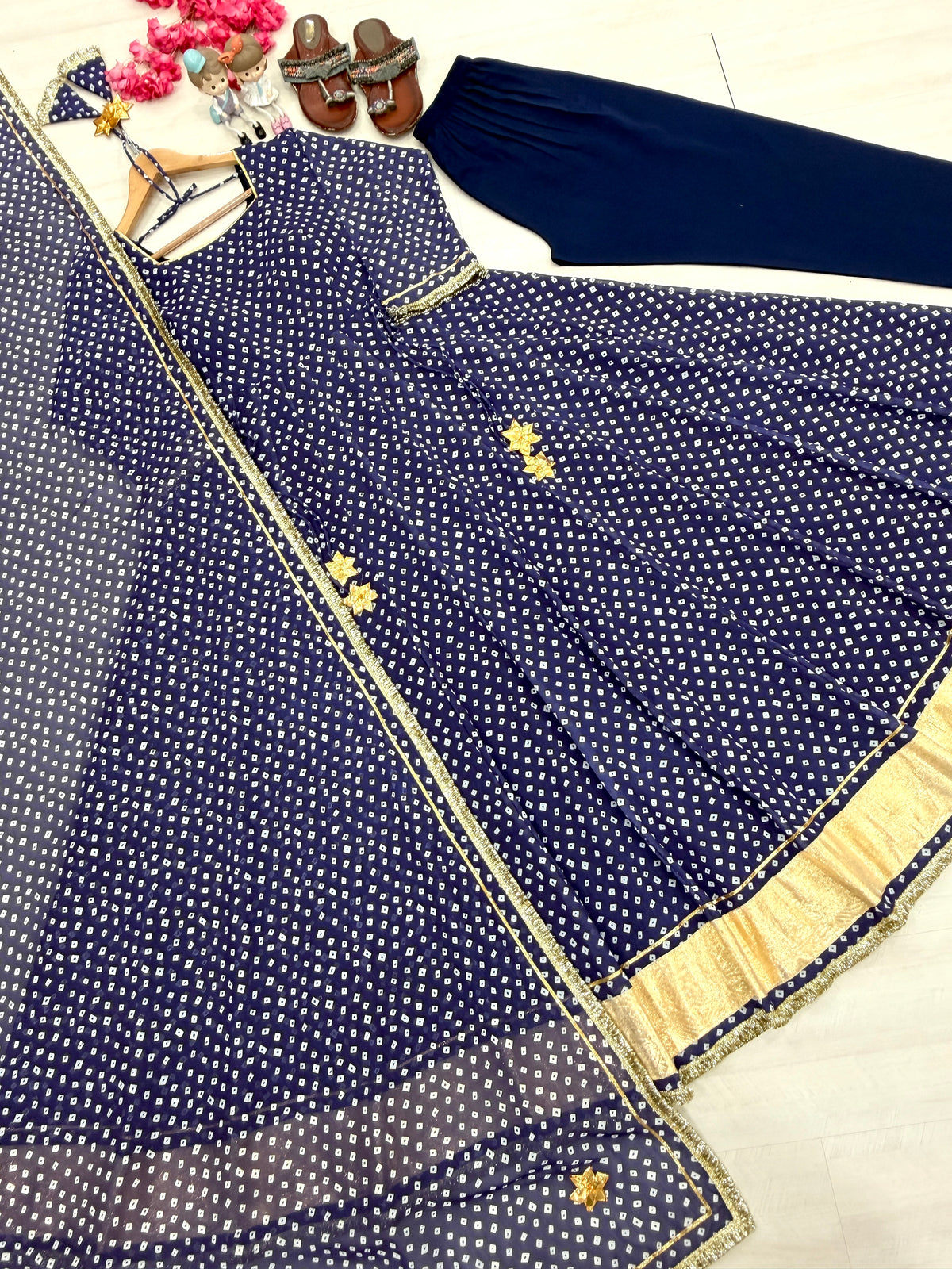 Royal Navy Blue Bandhani Print Georgette Anarkali Gown with Dupatta