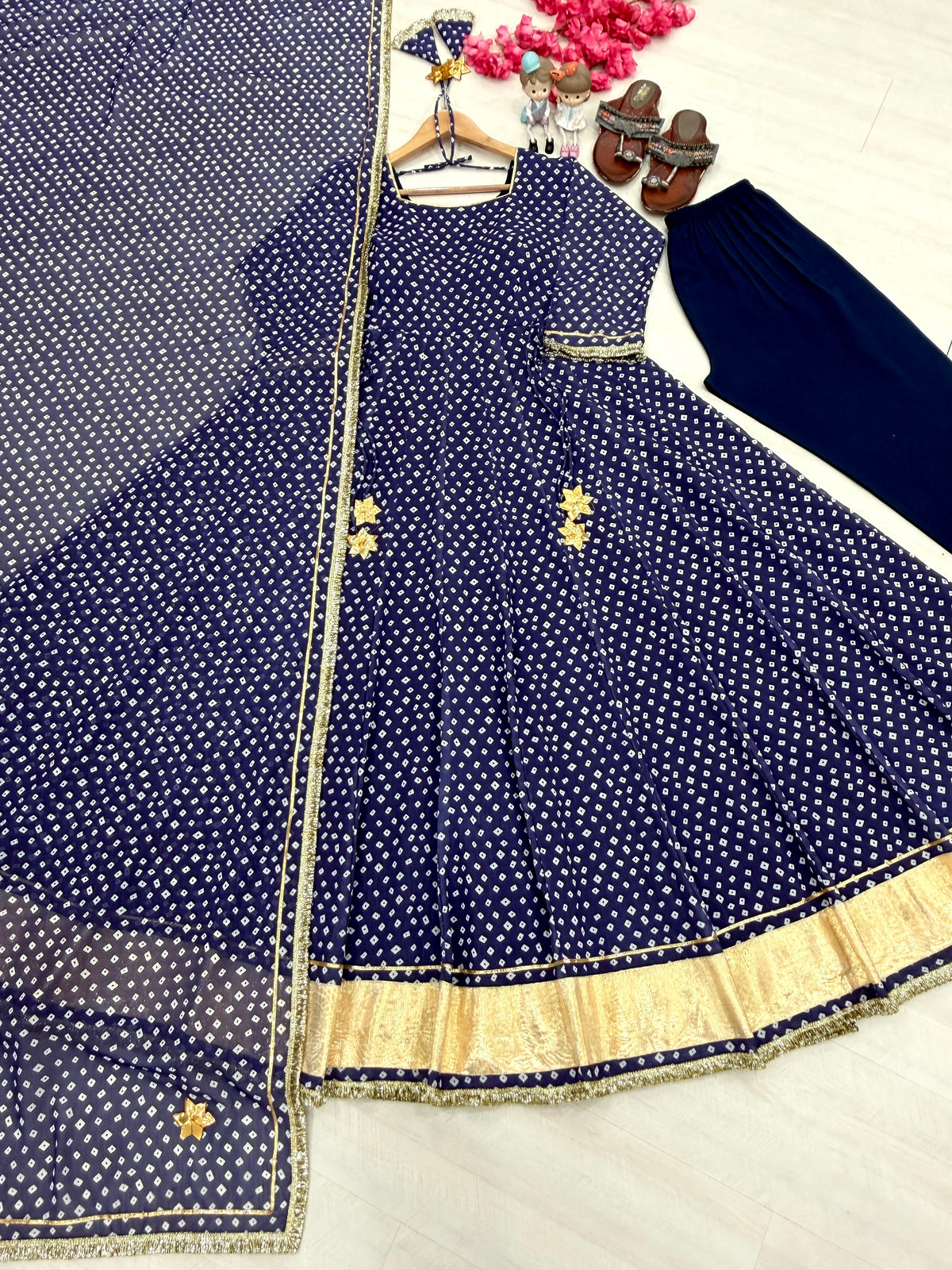 Royal Navy Blue Bandhani Print Georgette Anarkali Gown with Dupatta