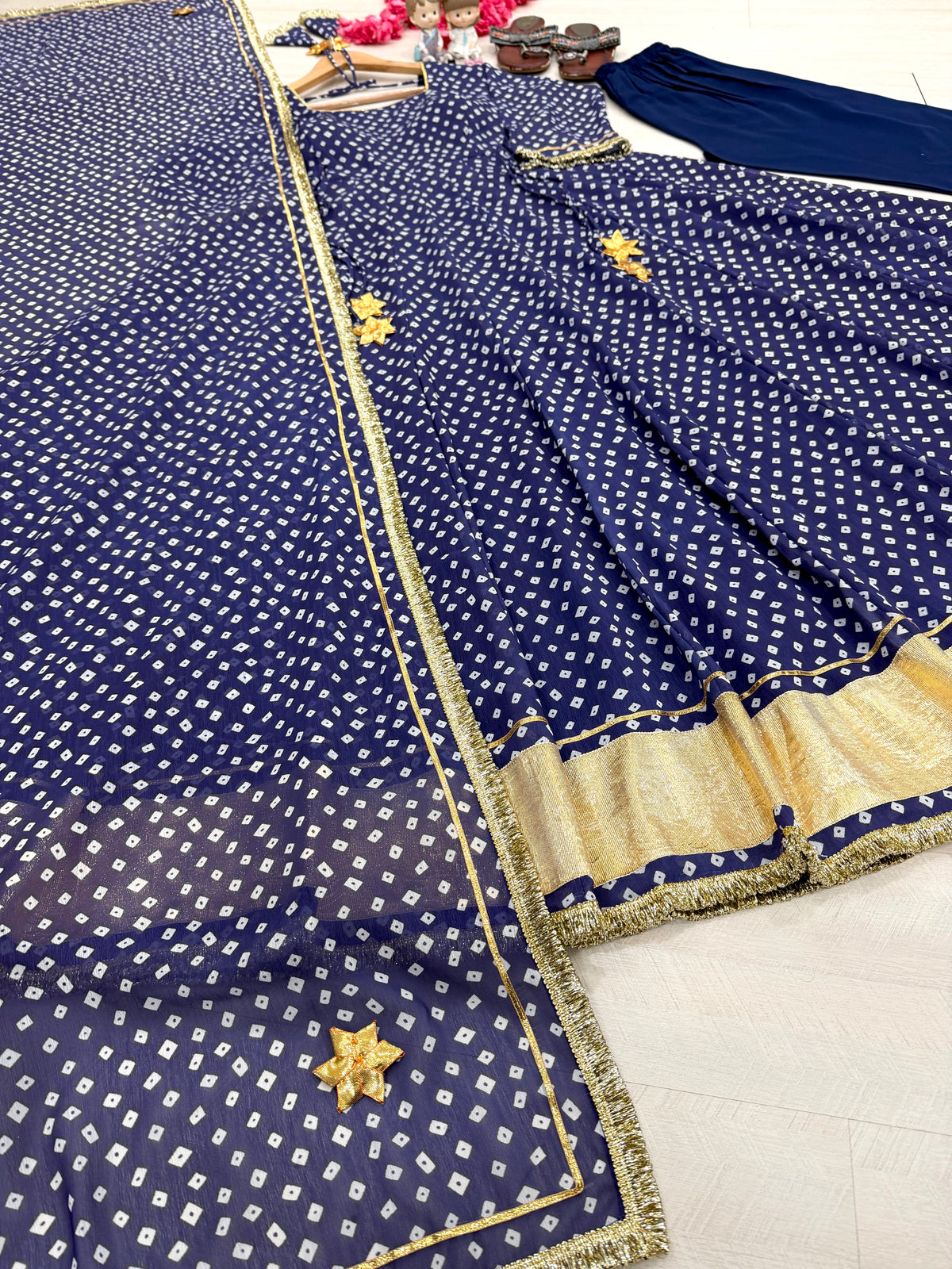 Royal Navy Blue Bandhani Print Georgette Anarkali Gown with Dupatta