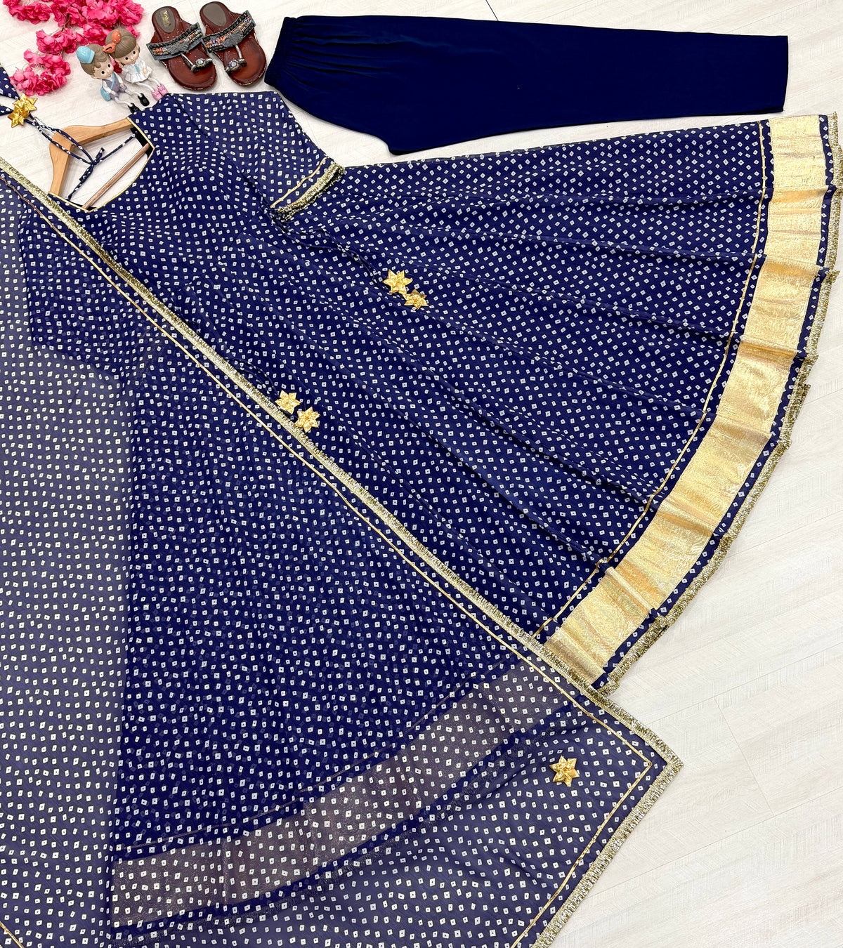 Royal Navy Blue Bandhani Print Georgette Anarkali Gown with Dupatta