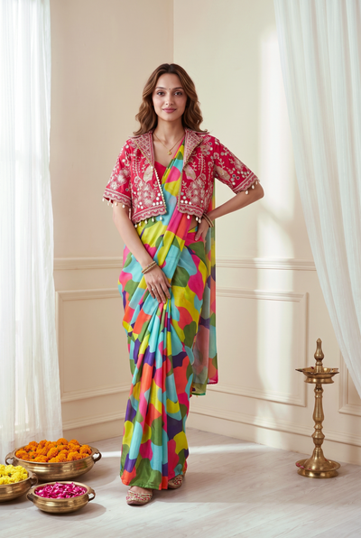 Royal Rangoli Multicolor Printed Saree With Heavy Embroidered Designer Jacket