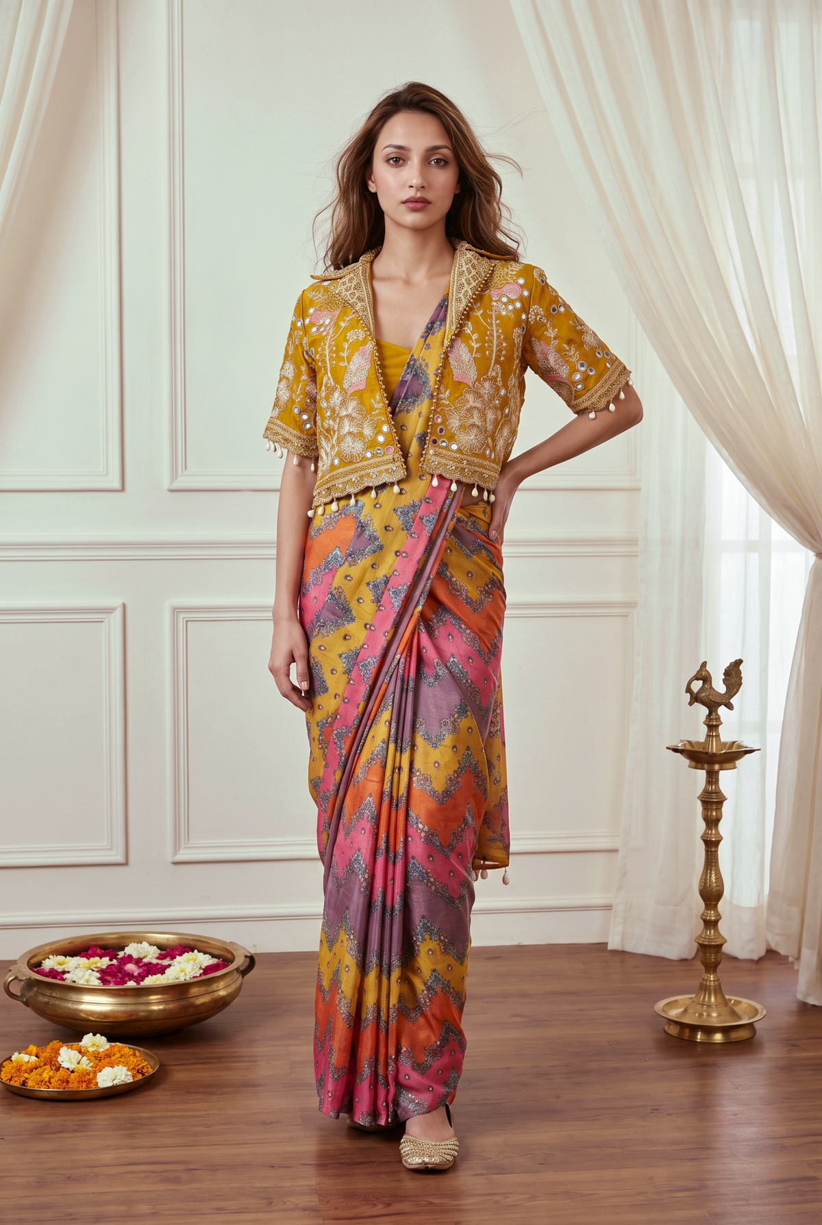 Royal Rangoli Multicolor Printed Saree With Heavy Embroidered Designer Jacket