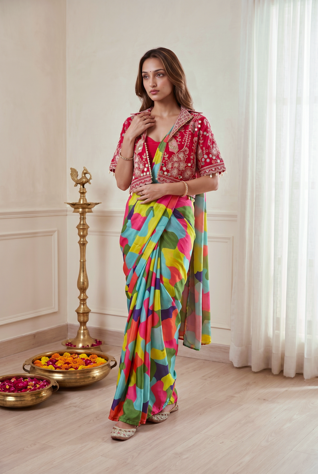 Royal Rangoli Multicolor Printed Saree With Heavy Embroidered Designer Jacket