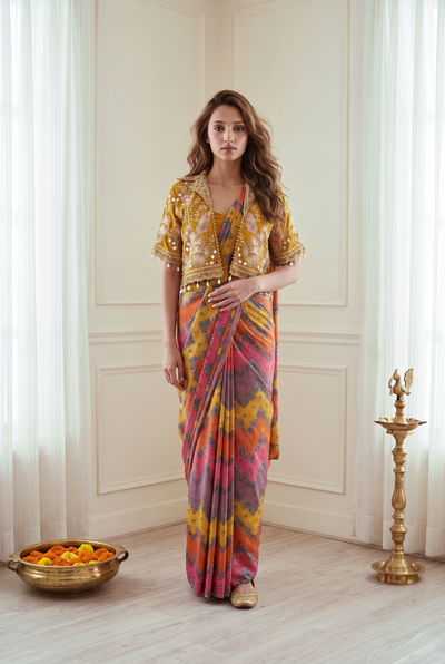 Royal Rangoli Multicolor Printed Saree With Heavy Embroidered Designer Jacket