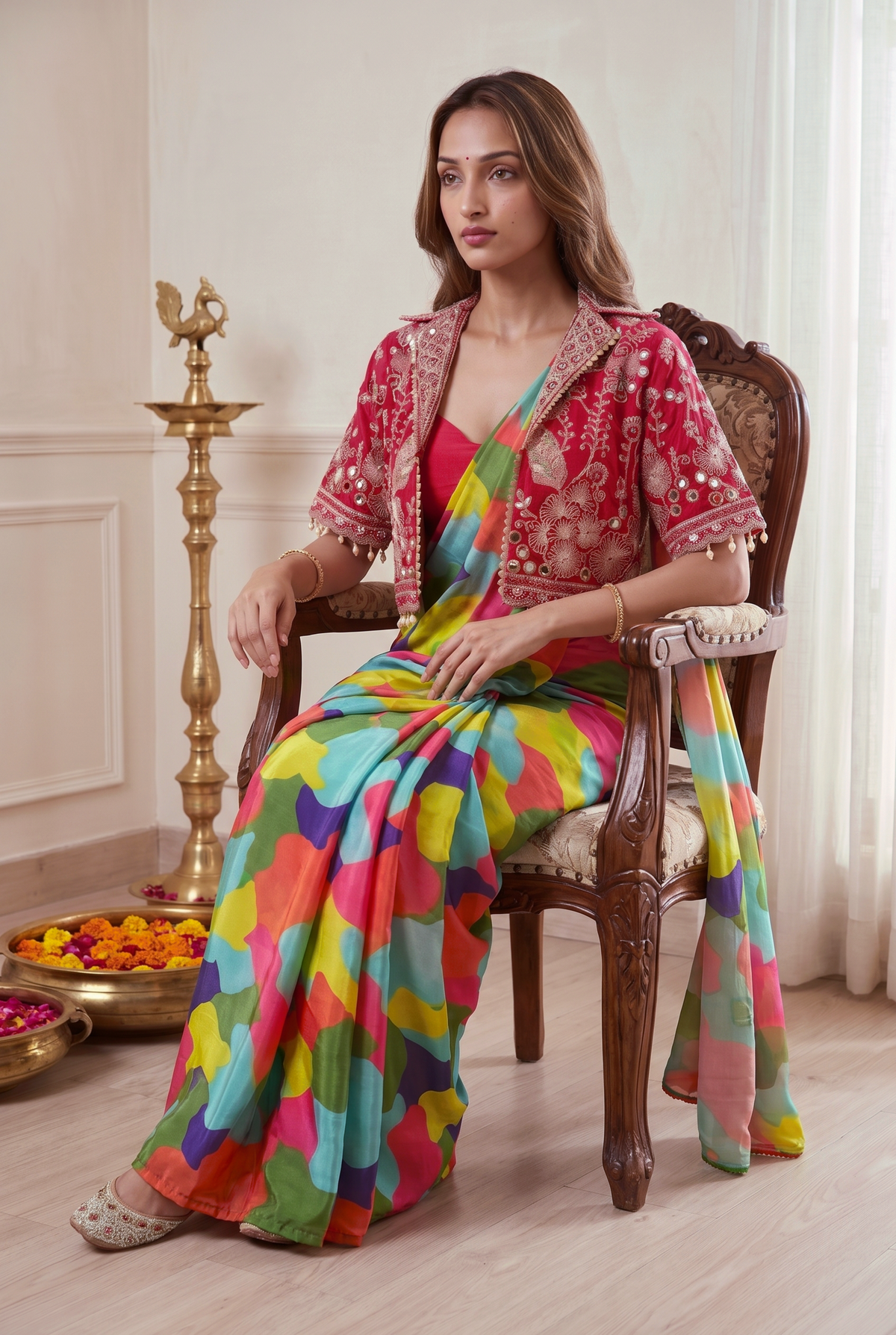 Royal Rangoli Multicolor Printed Saree With Heavy Embroidered Designer Jacket