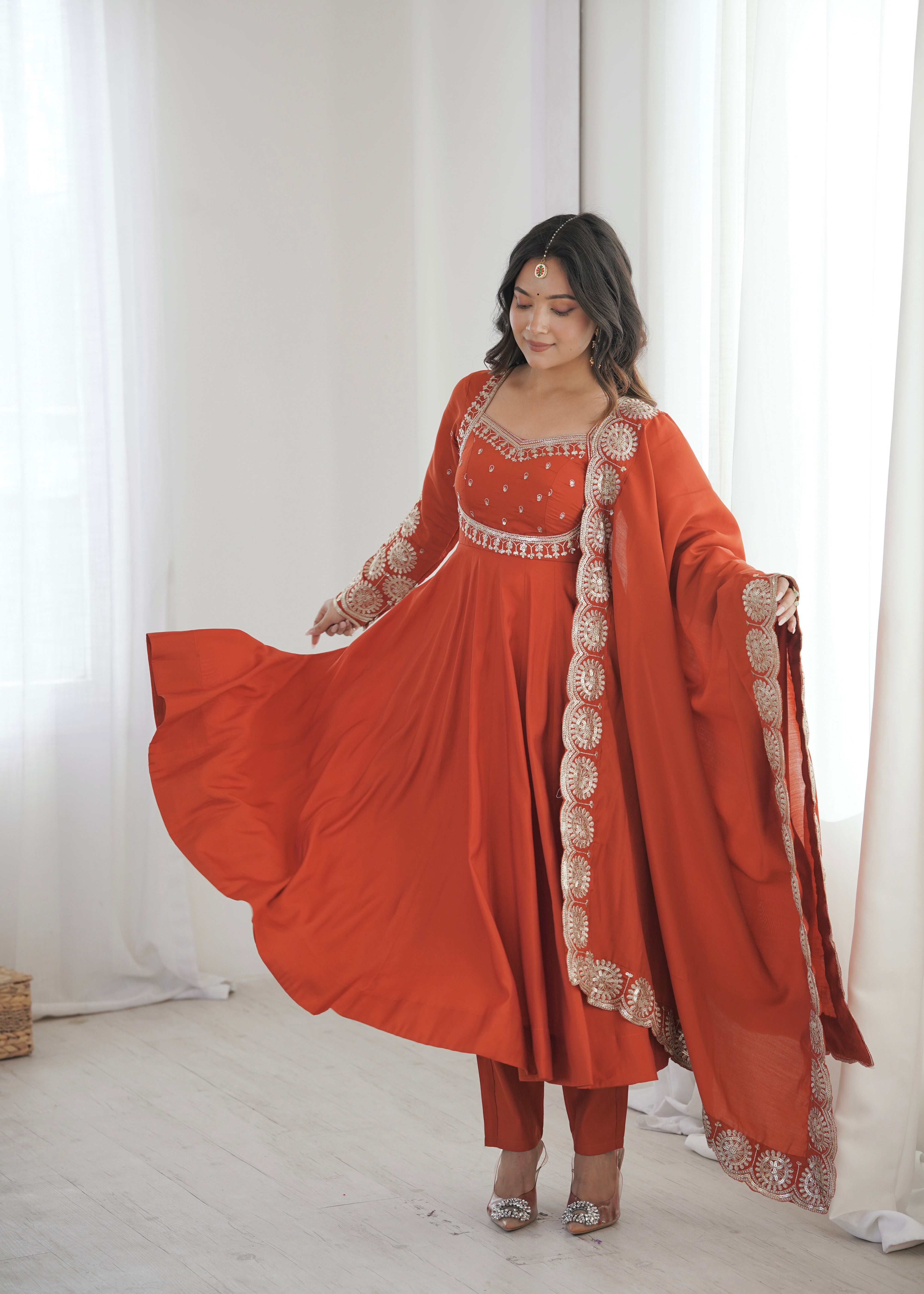 Rust Orange Embroidered Sequence Designer Anarkali