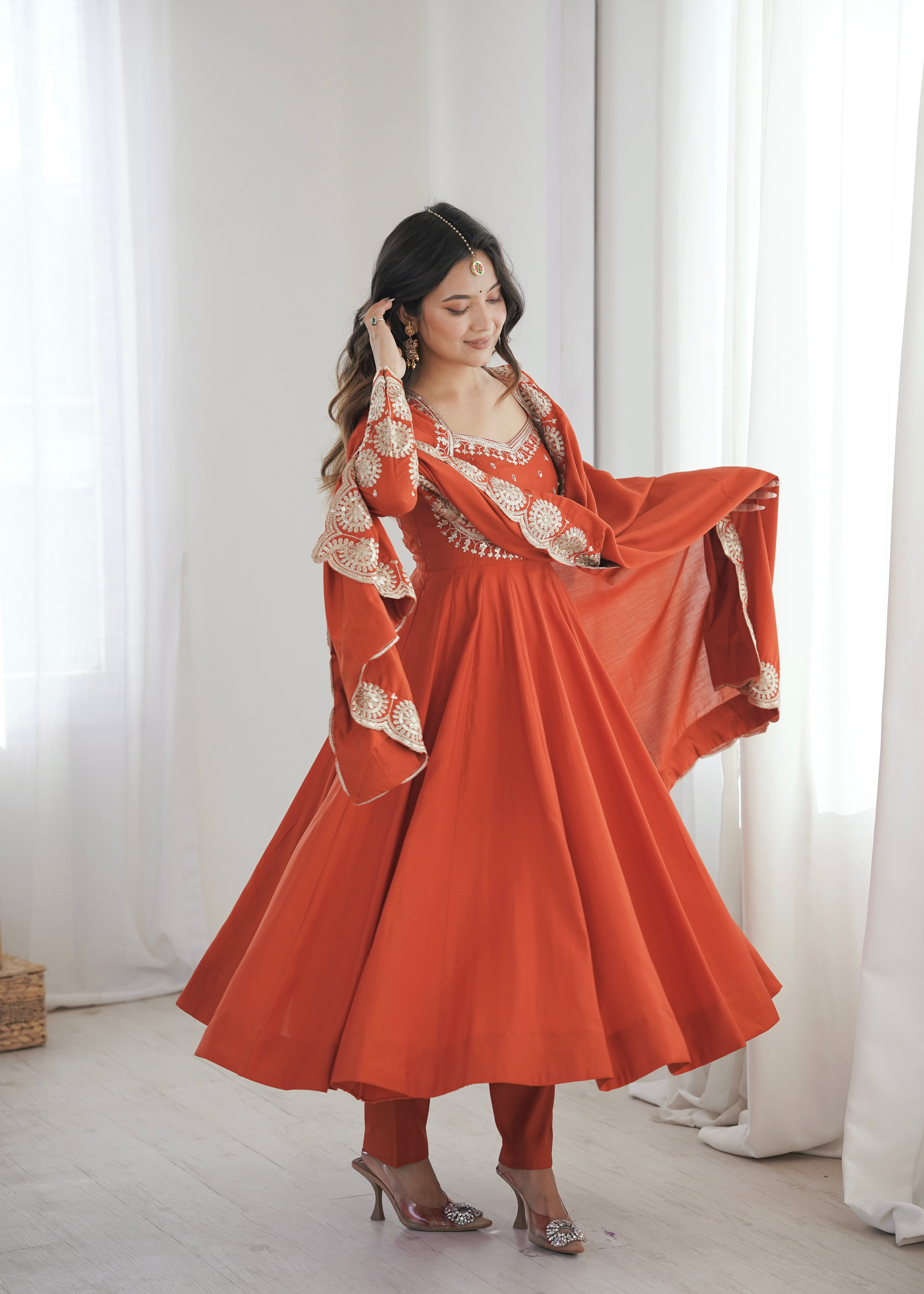 Rust Orange Embroidered Sequence Designer Anarkali