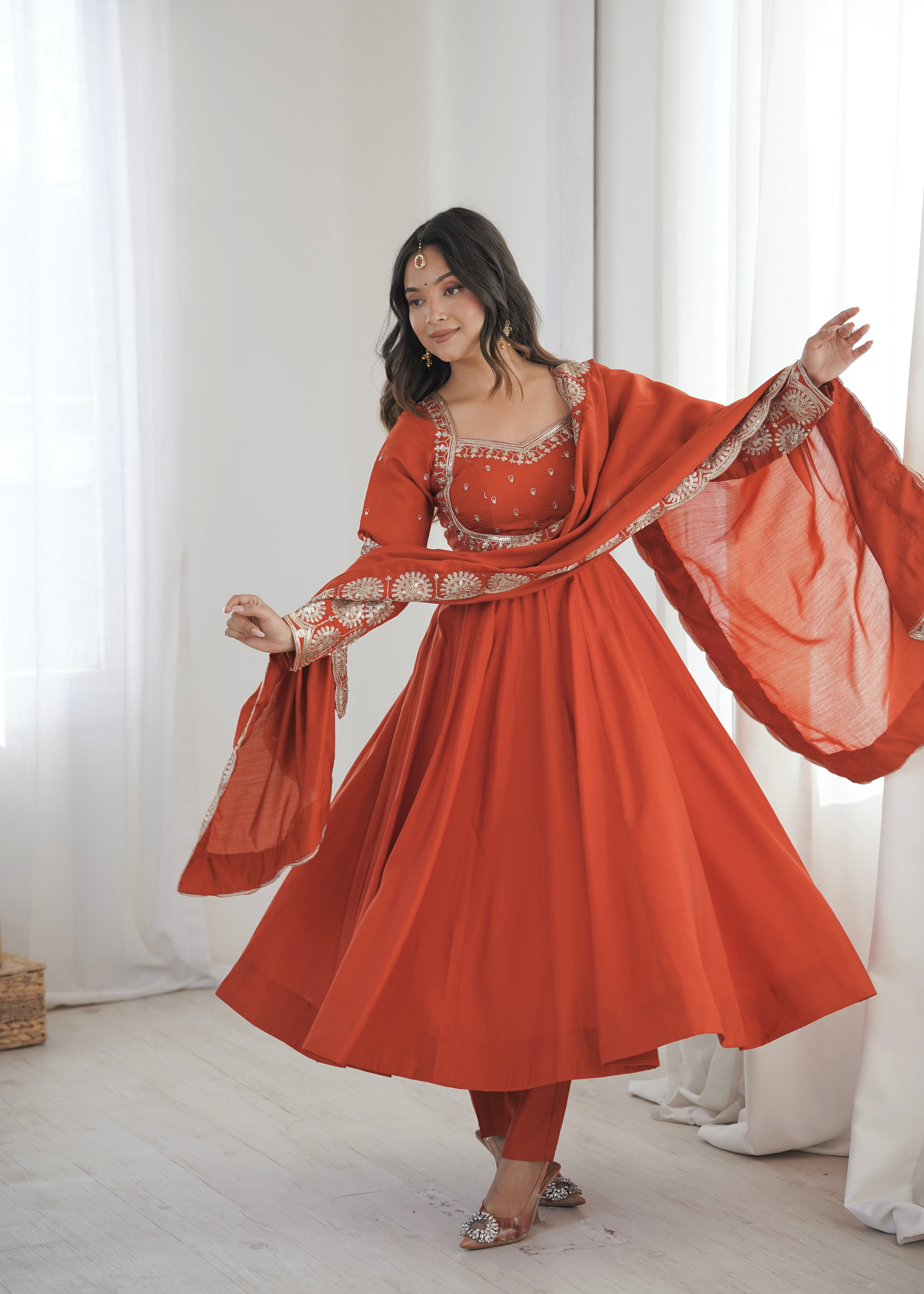 Rust Orange Embroidered Sequence Designer Anarkali