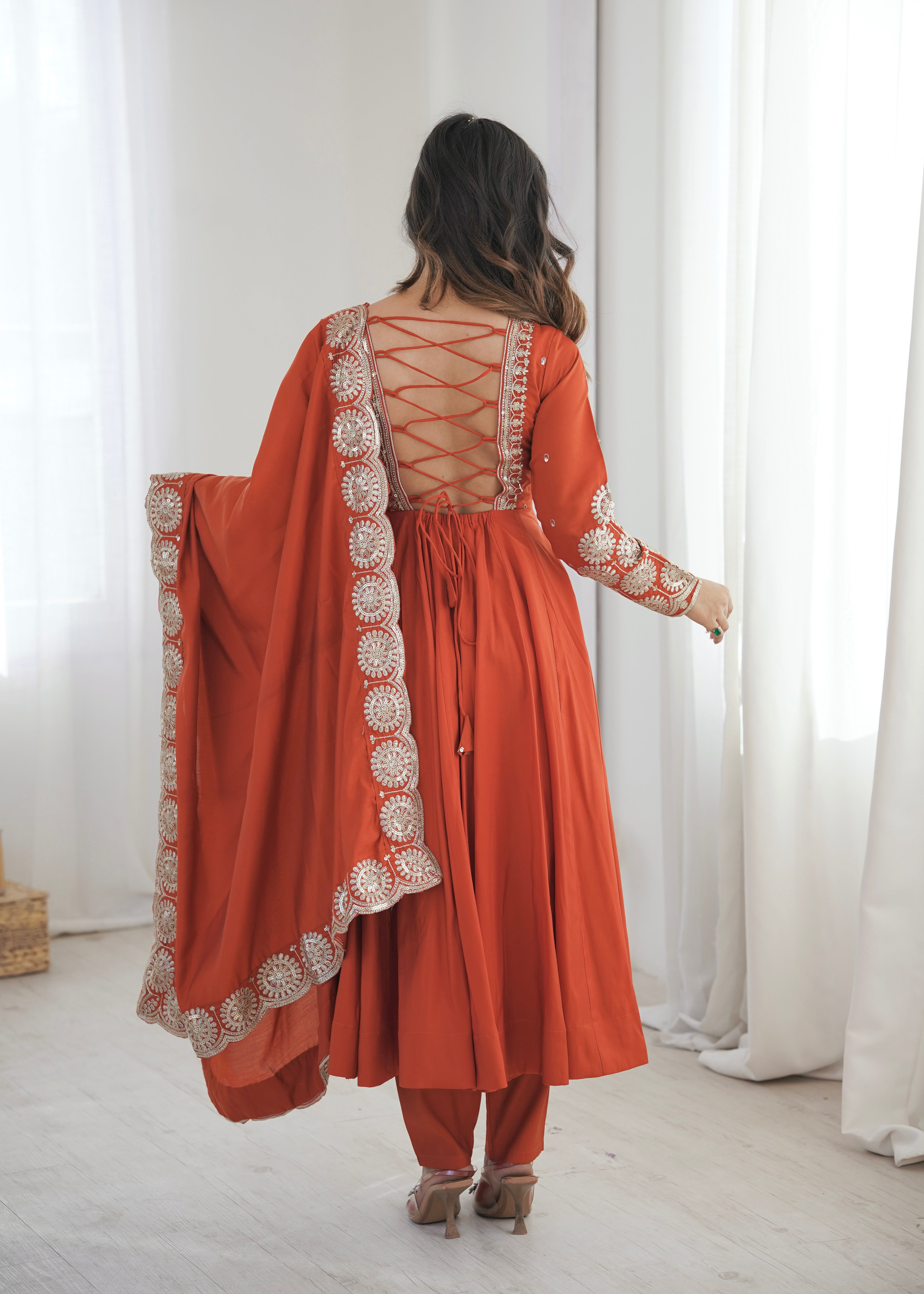 Rust Orange Embroidered Sequence Designer Anarkali