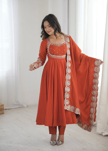 Rust Orange Embroidered Sequence Designer Anarkali