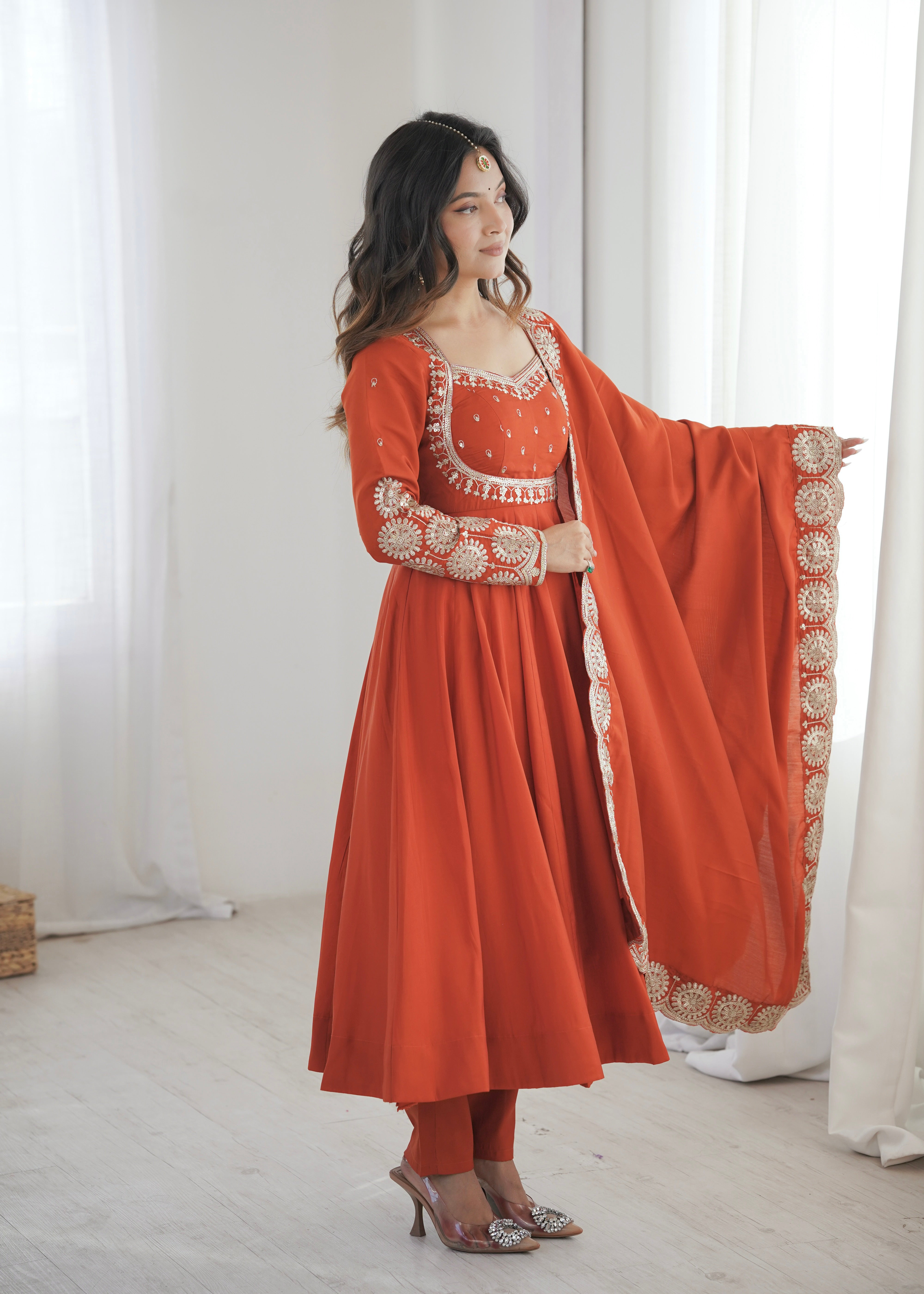 Rust Orange Embroidered Sequence Designer Anarkali