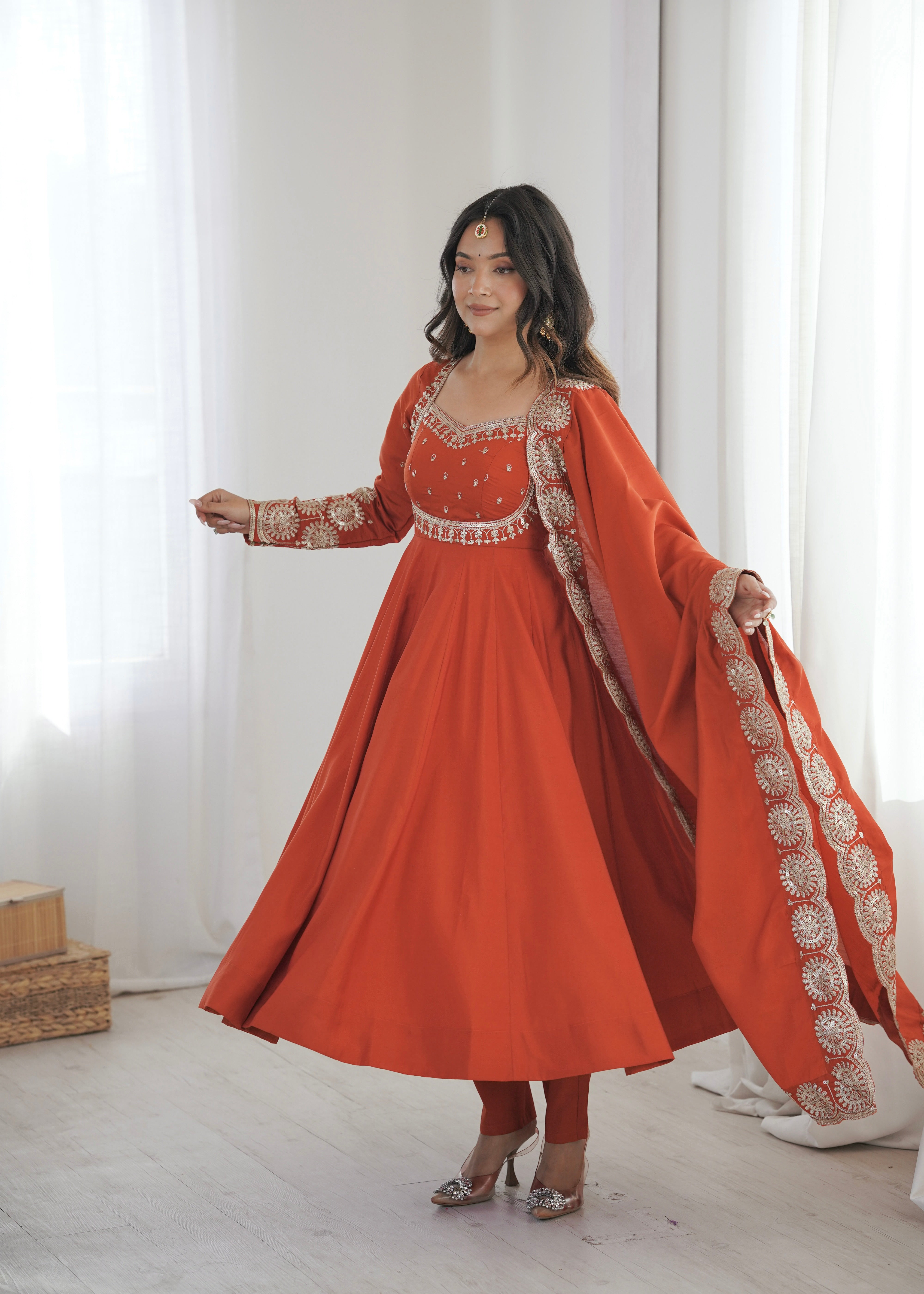 Rust Orange Embroidered Sequence Designer Anarkali