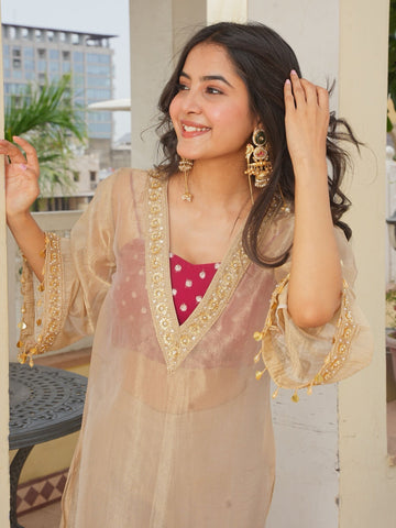 Golden Tissue Sheer Long Jacket with Bustier & Palazzo Set