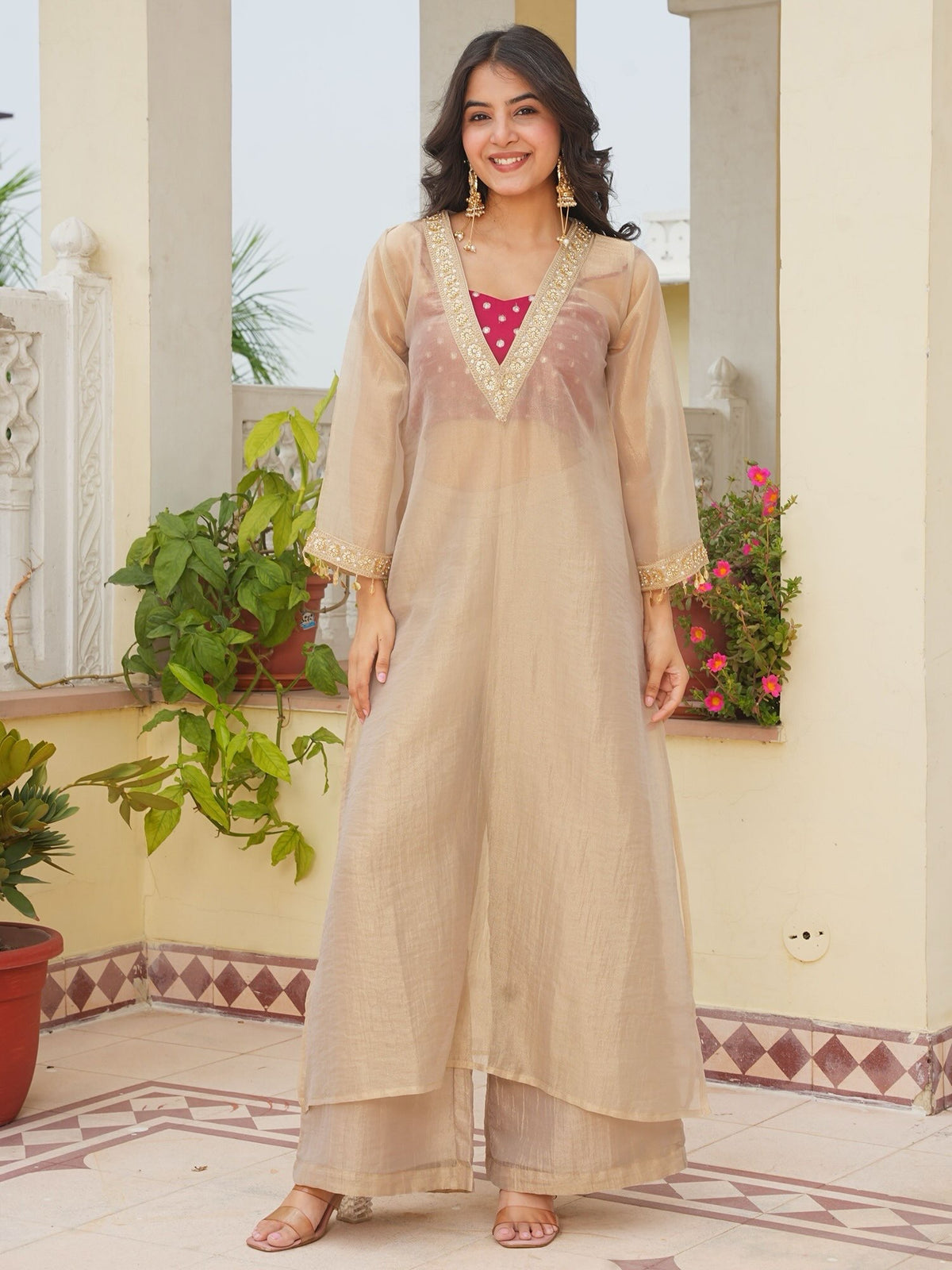 Golden Tissue Sheer Long Jacket with Bustier & Palazzo Set