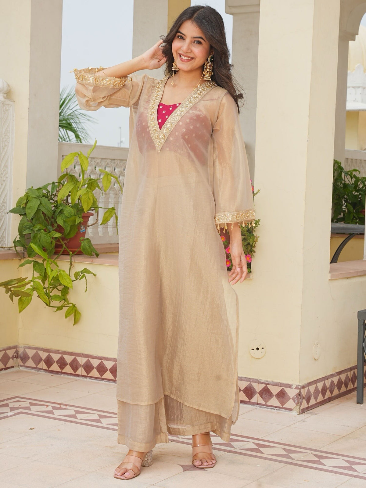 Golden Tissue Sheer Long Jacket with Bustier & Palazzo Set