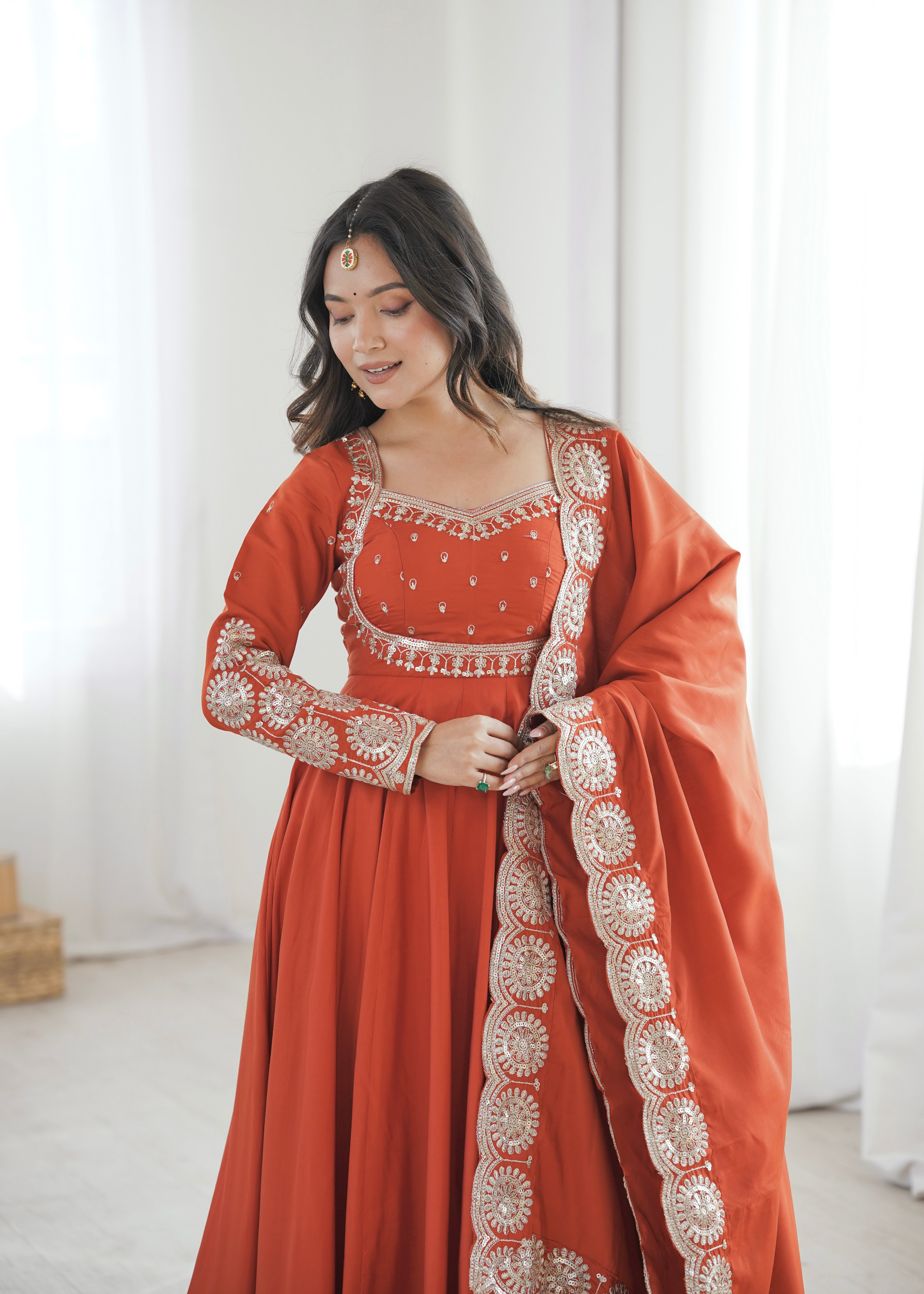 Rust Orange Embroidered Sequence Designer Anarkali