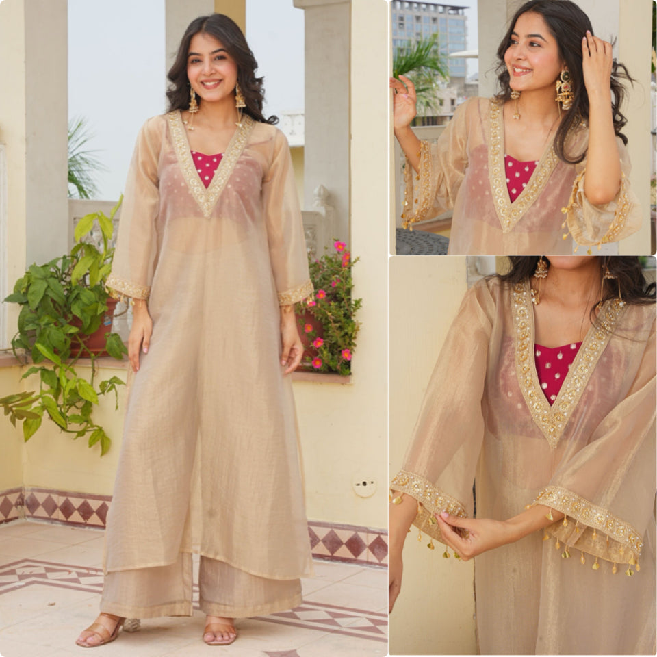 Golden Tissue Sheer Long Jacket with Bustier & Palazzo Set