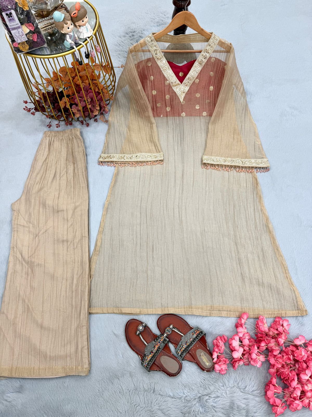 Golden Tissue Sheer Long Jacket with Bustier & Palazzo Set