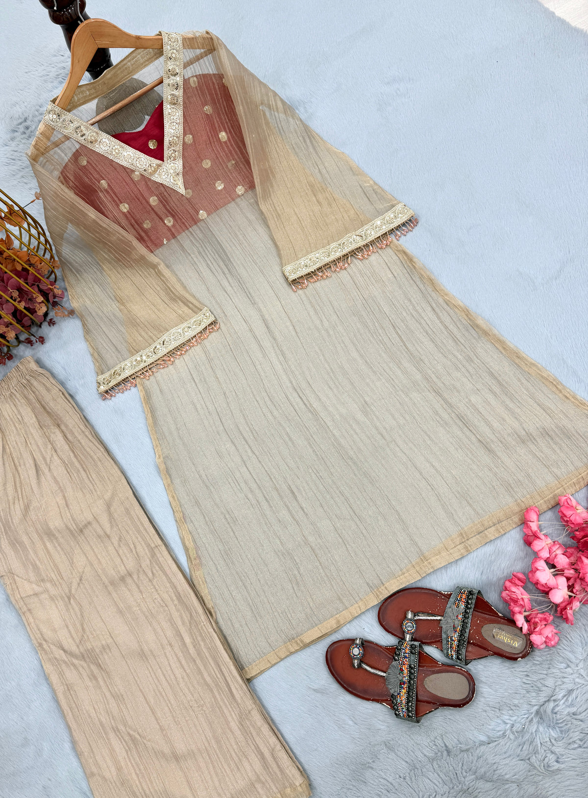 Golden Tissue Sheer Long Jacket with Bustier & Palazzo Set